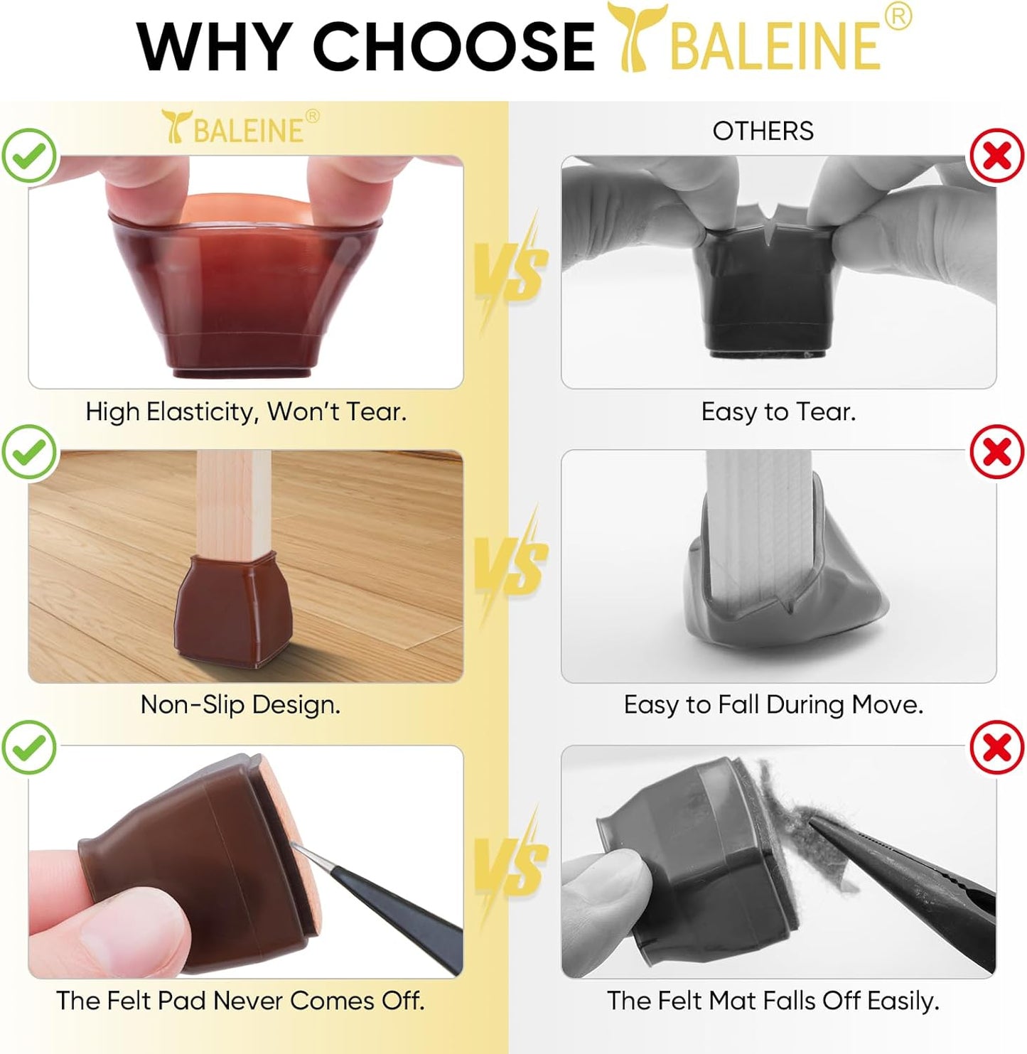 BALEINE 16 Pack Silicone Chair Leg Floor Protectors, Stool Leg Protectors Cap, Non-Slip Chair Leg Caps for Hardwood Floors (Brown & Large (Square), 16 Pack)