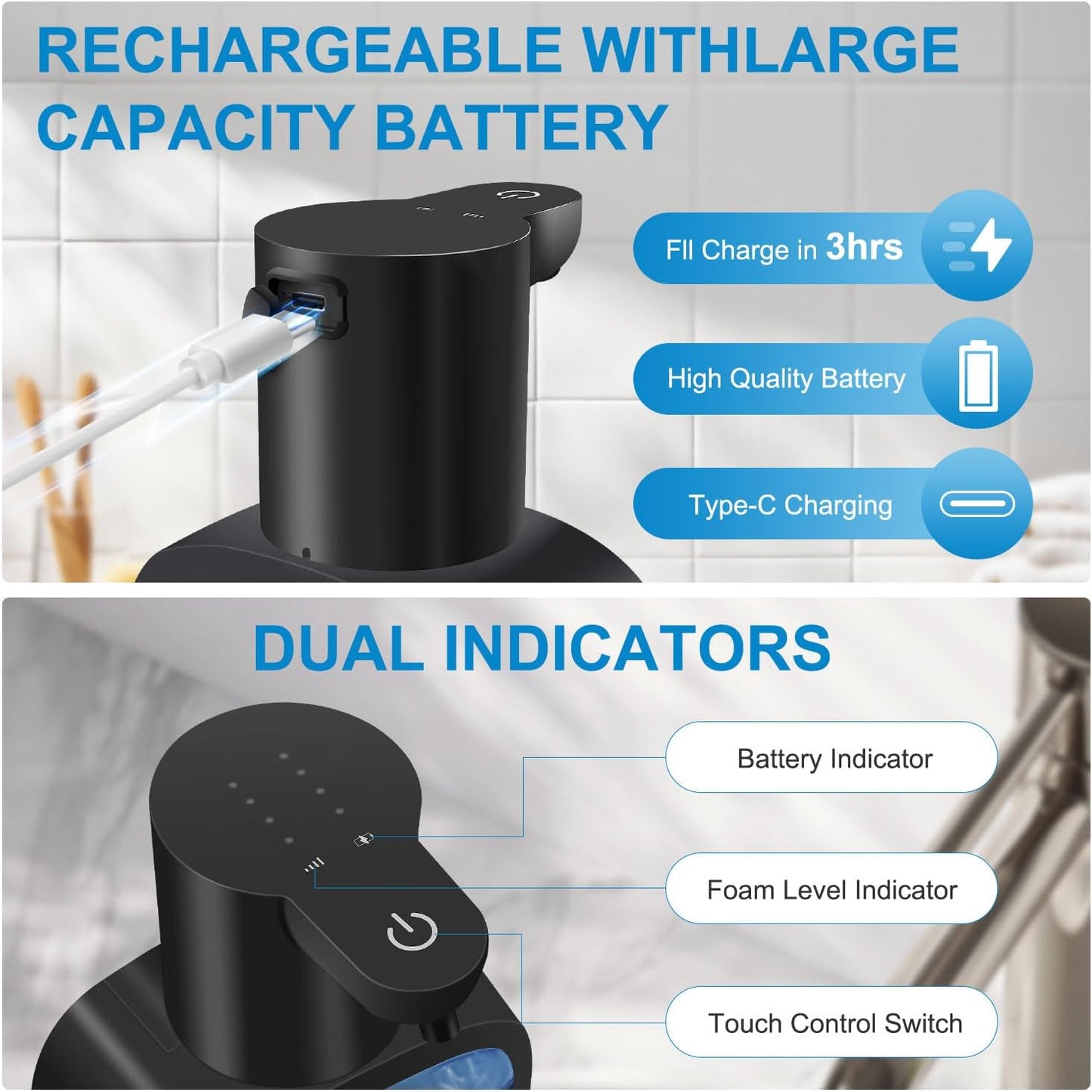 Automatic Foaming Soap Dispenser with 500ml/17oz Capacity, Touchless Soap Dispenser with 4 Level Adjustable, Rechargeable, Wall-Mounted, Waterproof for Kitchen, Bathroom, Hotel, Restaurant