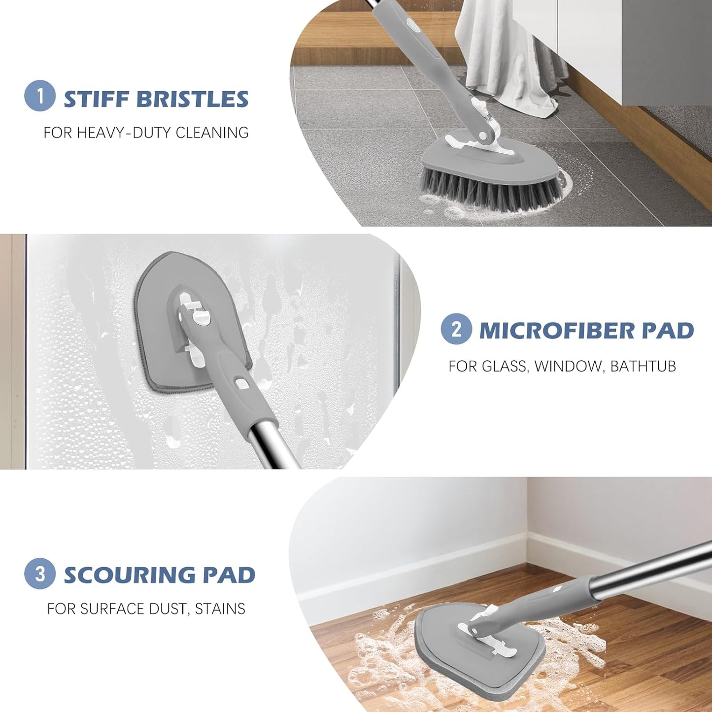 SetSail Floor Scrub Brush, 3-In-1 Tile Tub Floor Scrubber with 52-inch Adjustable Long Handle Shower Cleaner Brush and 4 Detachable Replacement Brush Heads for Cleaning Bathroom Kitchen Tub Tile, Grey
