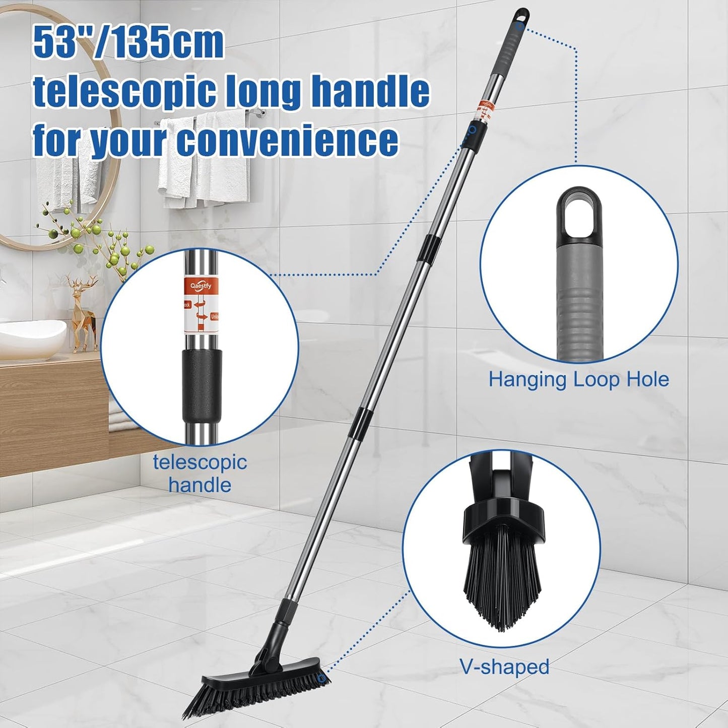 Qaestfy Grout Brush with Long Handle for Cleaning, Stiff Bristles Handheld Tile Scrub Brush, V-Shape Crevice Cleaning Brush for Floor Deep Cleaning