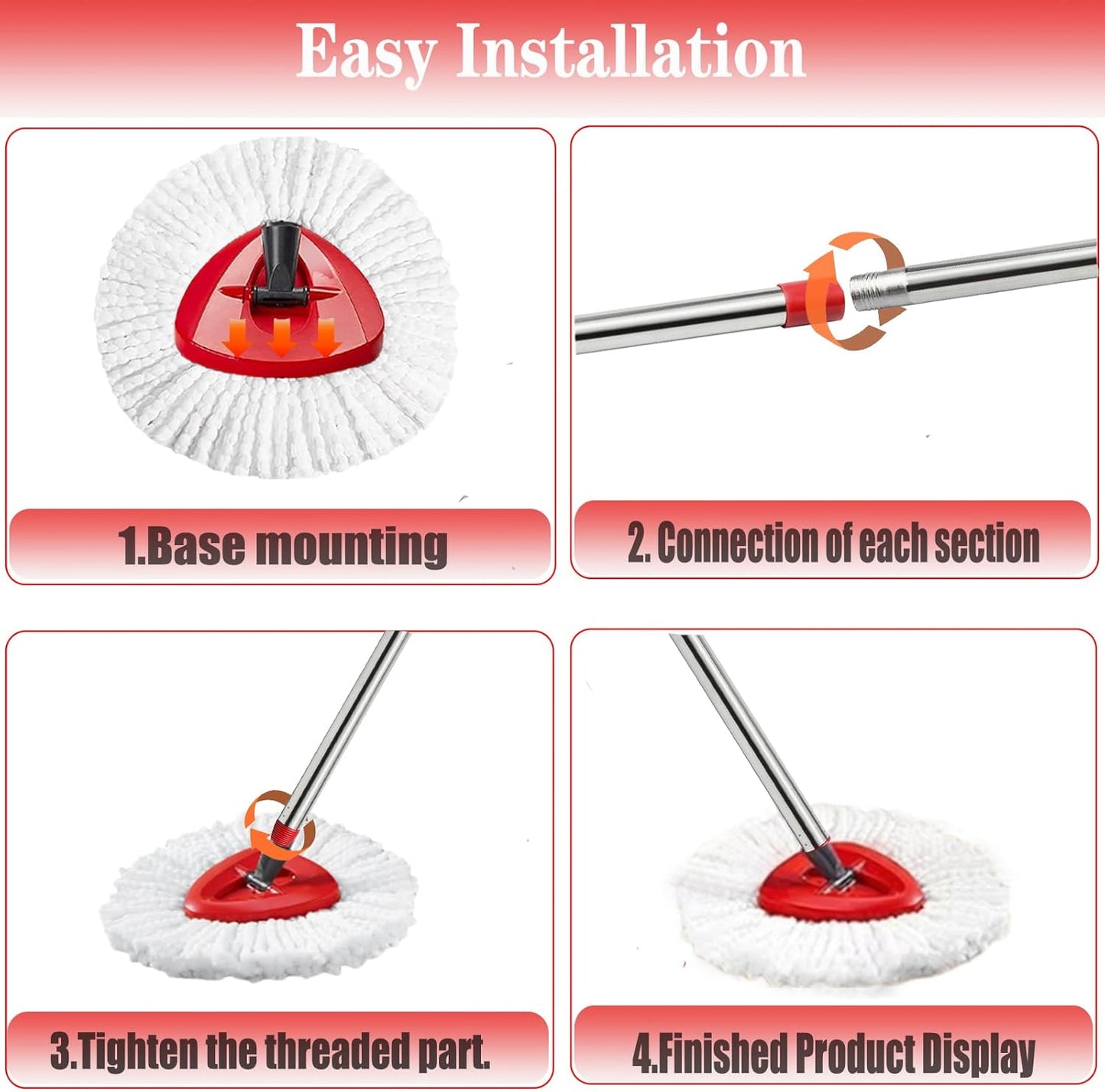 Spin Mop Replacement Head Mop Replace Head Compatible with O Cedar EasyWring Spin Mop - 4 O-Ceda Mop Refills、30-58in Mop Handle and 1 Mop Base Combo Set, 2white