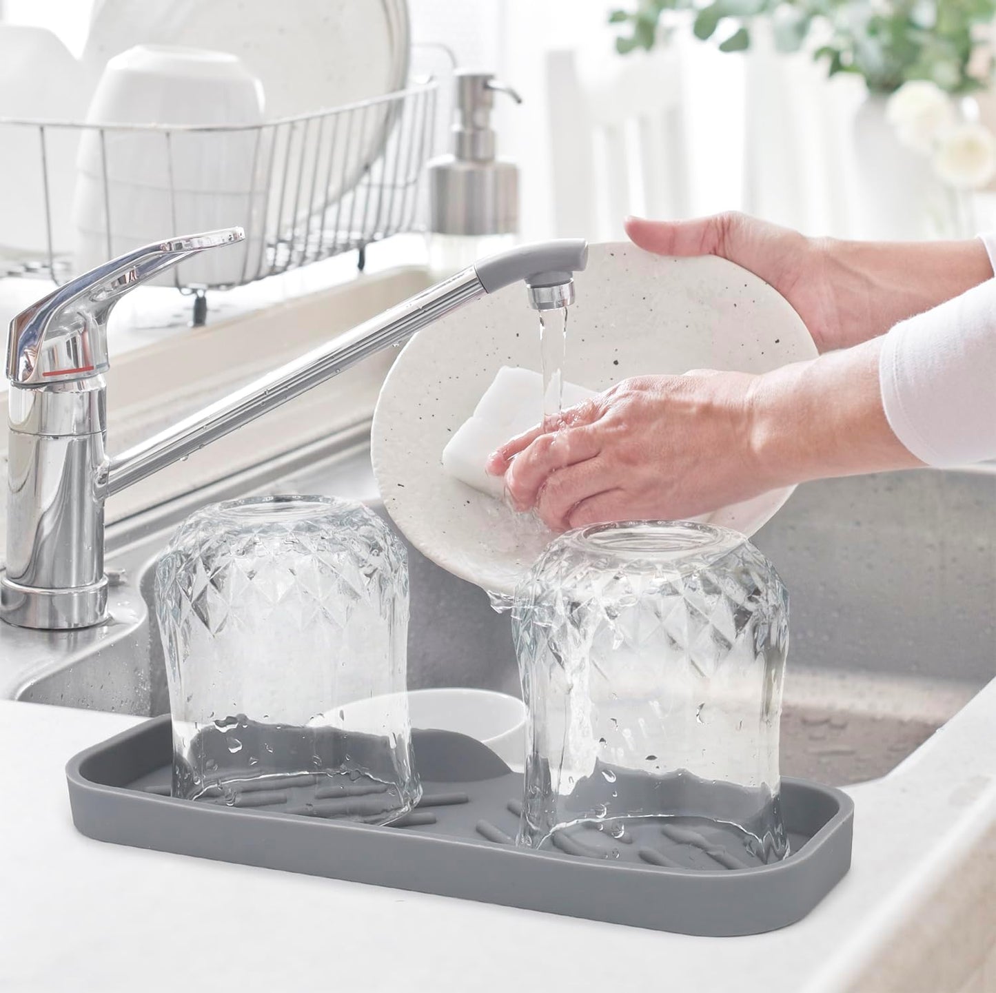 Silicone Bathroom Soap Dishes, Sponge Holder for Kitchen Sink, Shower Soap Holder with Drain, Soap Dispenser Tray, Soap Dish for Bottle, Cup, Sink or Counter Organizer - Gray 9" x 3.15"