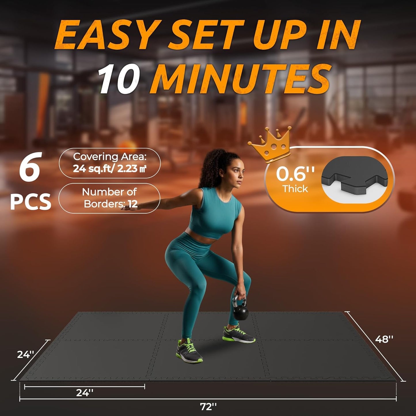 PRAISUN 0.6" Thicker Gym Mat, 6 Tiles 24 Sq Ft Workout Mats, Interlocking Foam Tiles with Rubber Top, High Density EVA Foam, Exercise Mat, Gym Flooring for Home Gym, Garage, 24 x 24in, Black