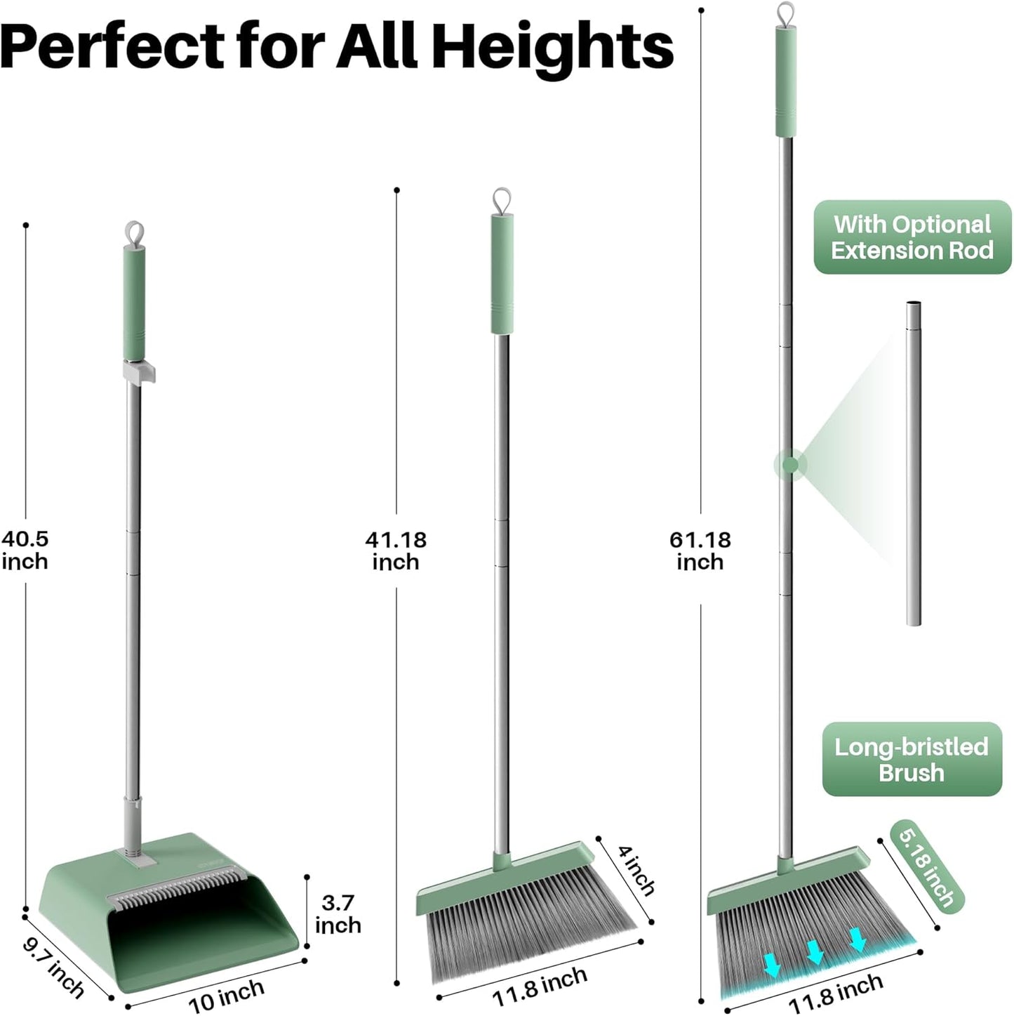 JOYMOOP Dark Teal Green Broom and Dustpan Set with 56” Handle, Upright Angle with Comb Teeth for Pet Hair and Hardwood Floors