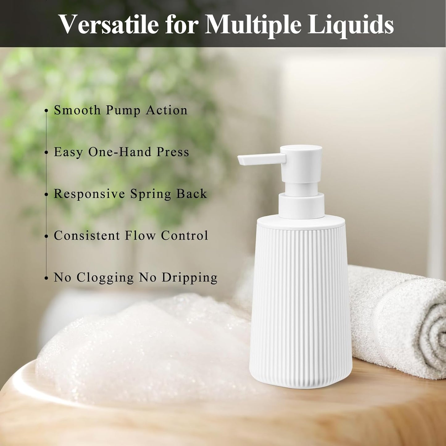 White Hand Soap Dispenser with No Rust Pump for Bathroom and Kitchen Countertops Refillable Striped Matte Plastic 8.5 oz