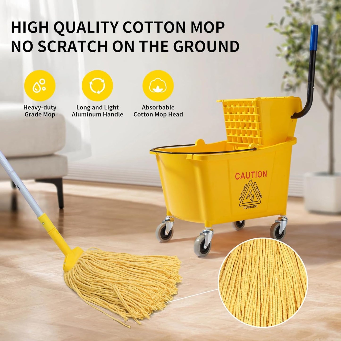 35 Quarts Commercial Mop Bucket with Side-Press Wringer for Floor Cleaning, Yellow, Including One Commercial Mop
