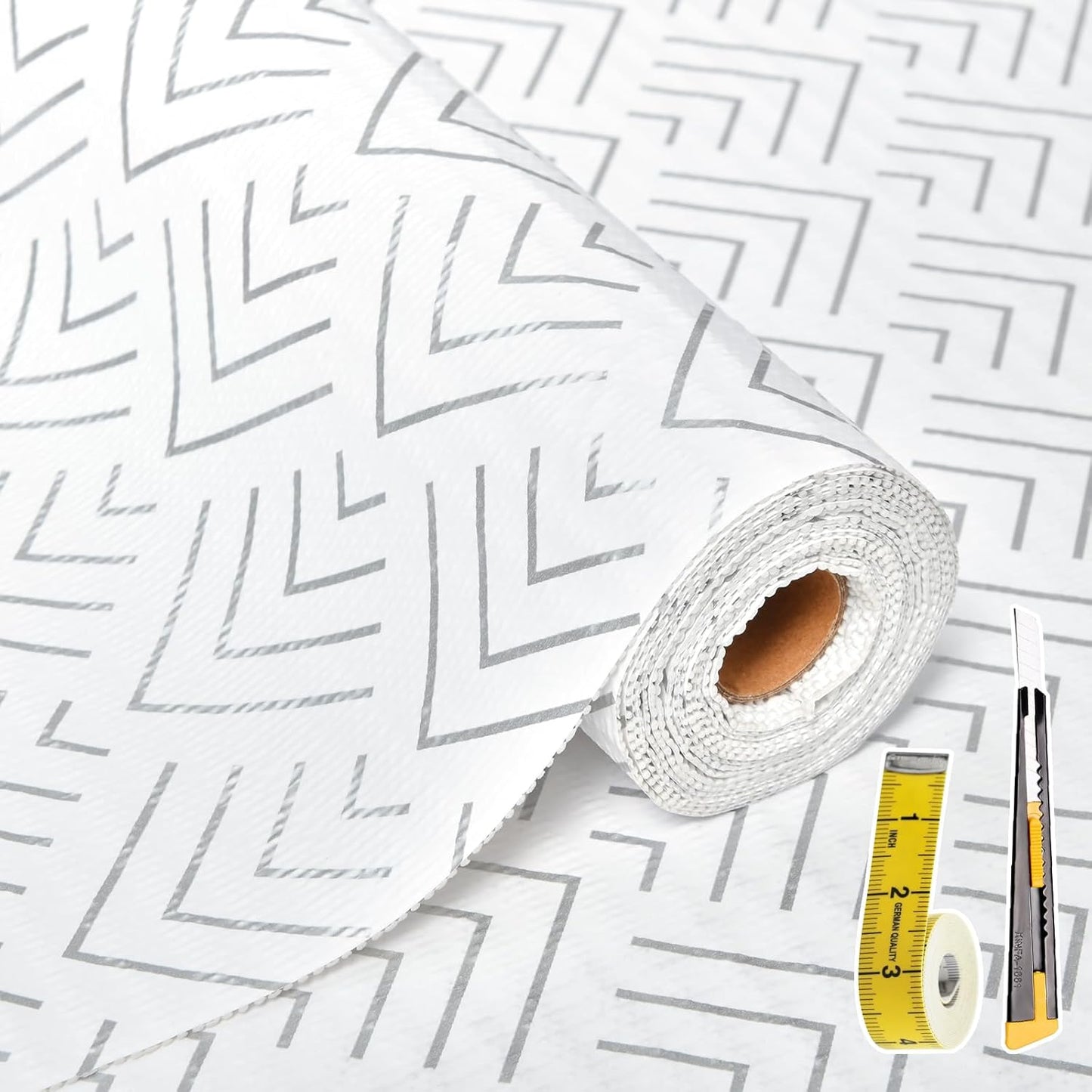 Shelf Liner for Kitchen Cabinets Non Adhesive Drawer Liner Non-Slip Thickened Shelf Liner Paper Strong Easy to Clean for Tool Box Refrigerator with Knife and Tape Measure,Silver Arrow,17.3 x 236.2 in