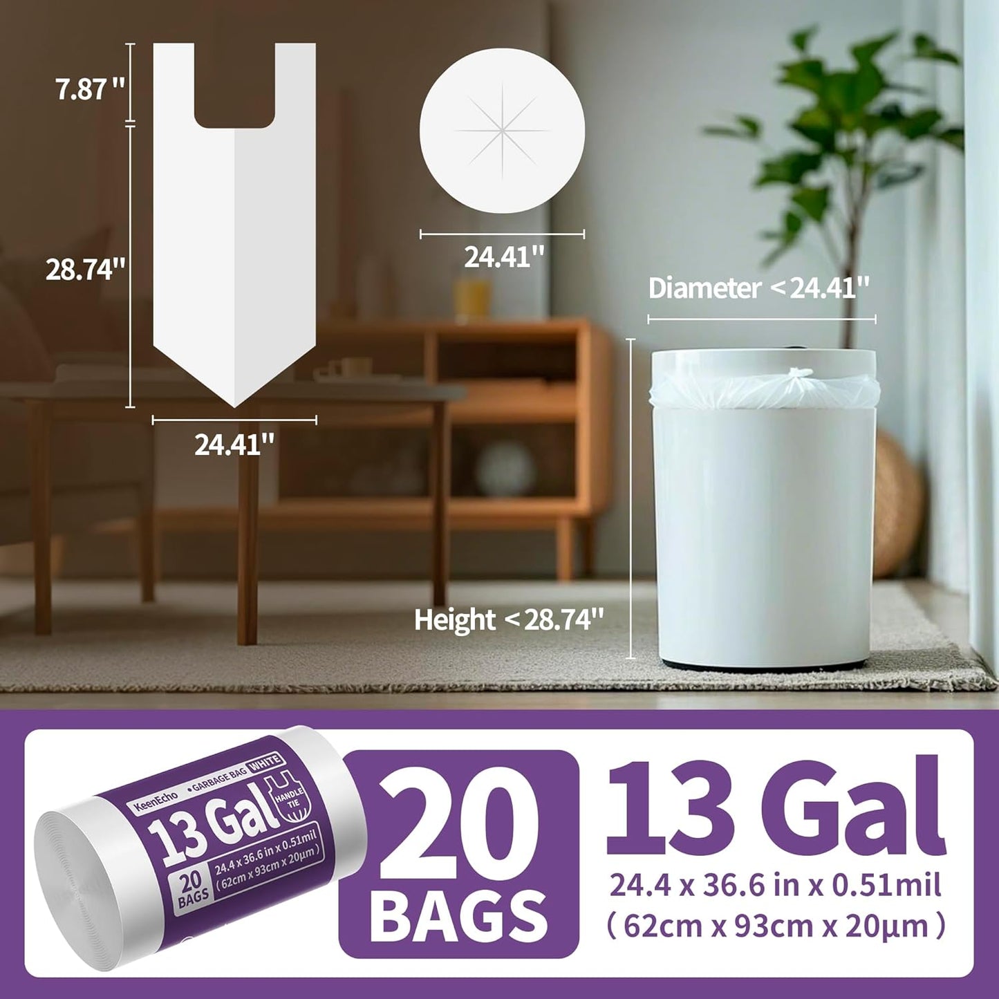 Small Trash Bags with Handles 13 Gallon 20 Count White - Ocean Plastic Upcycling - Plastic Garbage Bags, Can Bin & Waste Basket Liner for Kitchen, Bathroom, Office and Pets