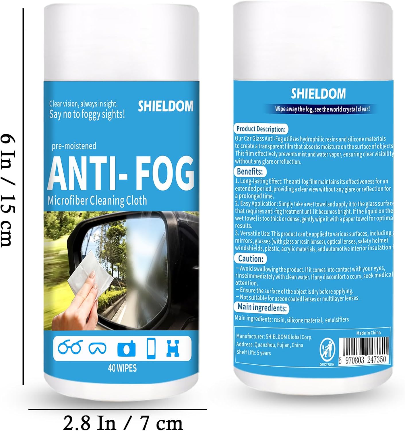 Glass Anti-Fog Wipes Pre-moistened Defogger to Prevent Fogging on Bathroom Mirror, Shower Door, Car Windshield, Window, Helmets, Goggles Quick NO Fog Tissue Resealable Bottle -40 Wipes