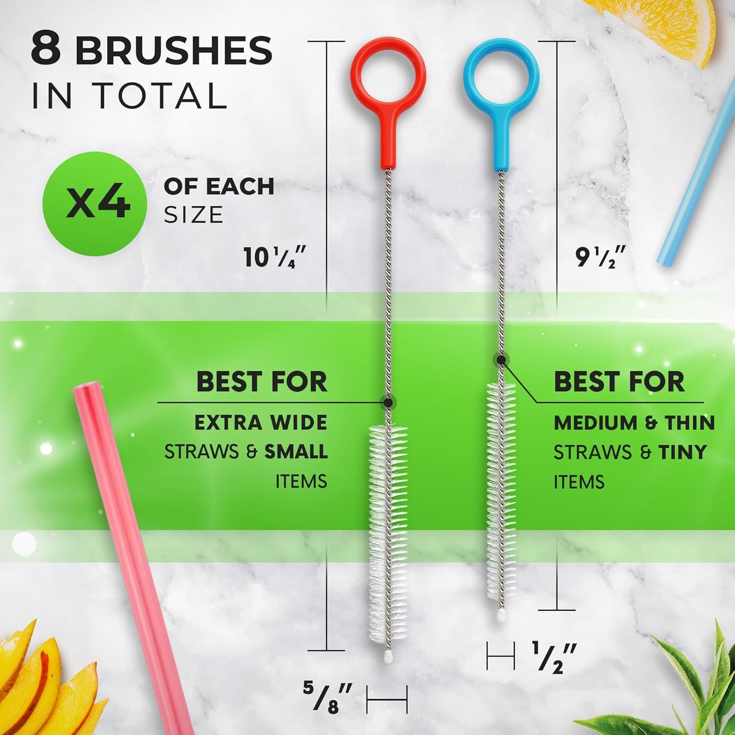Heavy Duty Cleaning Brushes Set of 8 - Extra Long Straw Cleaners for Metal and Plastic Reusable Drinking Straws, to Clean Small Spaces, Sippy Cups, Water Bottles - Sturdy Hard Brush Bristles