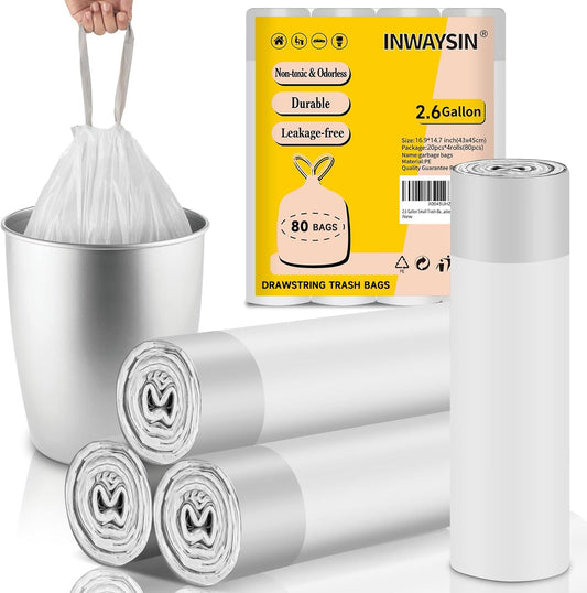 2.6 Gallon Small-Trash-Bags Plastic Drawstring Garbage-Bag - Mini Tiny White Unscented 80 Count For Bathroom Car Can Restroom Office Liners Waste Basket Strong Bulk Inwaysin