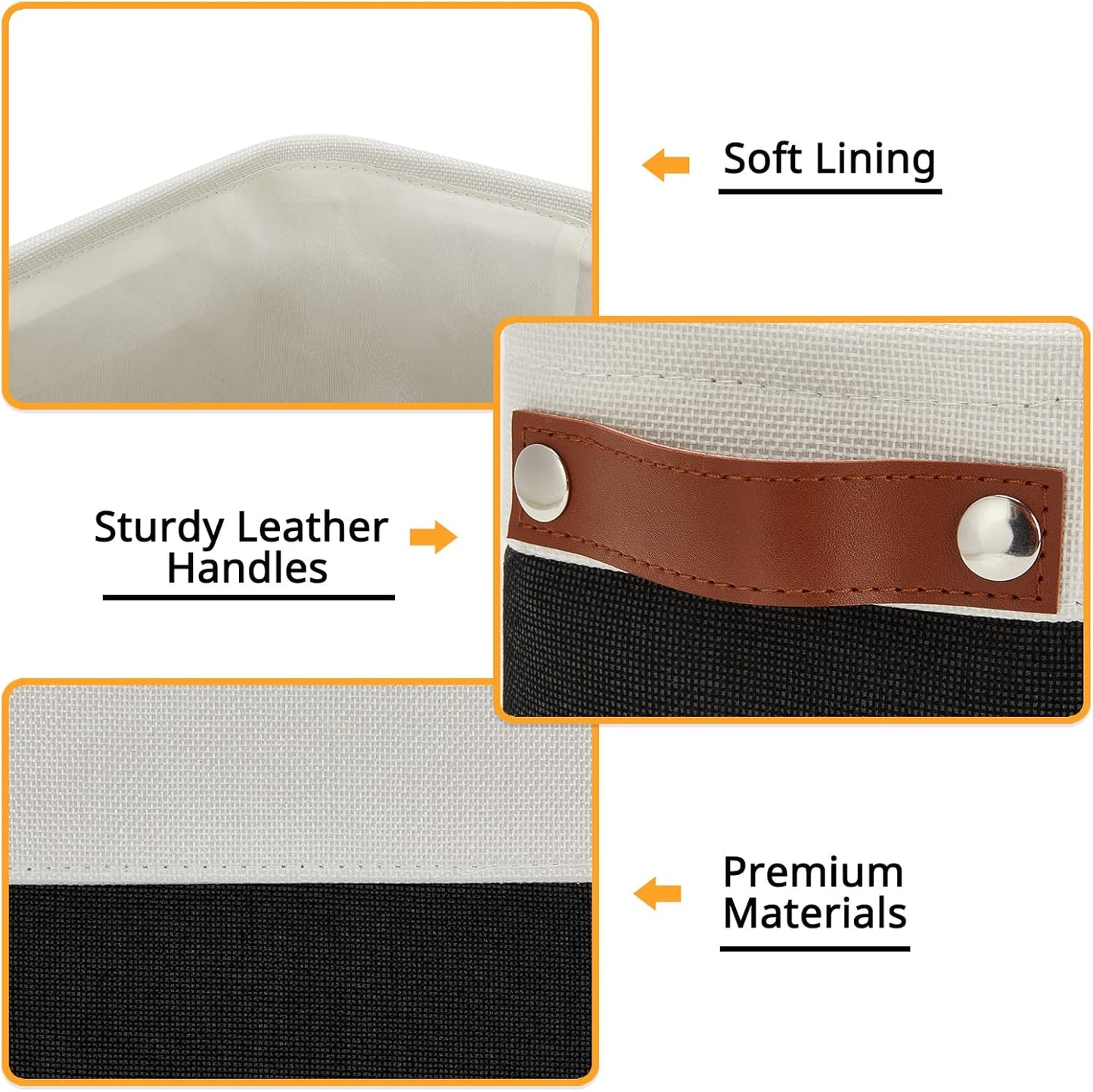 DULLEMELO Toilet Paper Storage Basket with Leather Handles, for Back of Toilet, Bathroom Storage for Towels & Paper (White & Black)