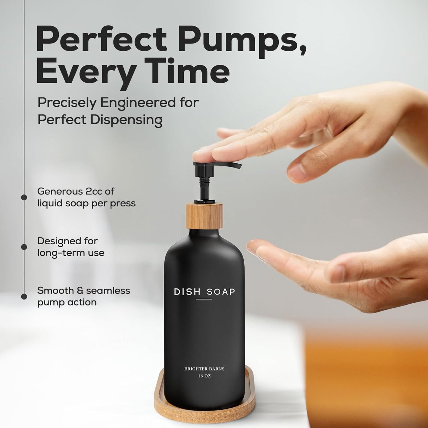 Black Glass Dish Soap Dispenser for Kitchen Sink by Brighter Barns - Modern Kitchen Soap Dispenser Set with Tray - Bamboo Bottle with Pump - Boho Home Decor, Modern Home Decor for Airbnb, Gift (Black)