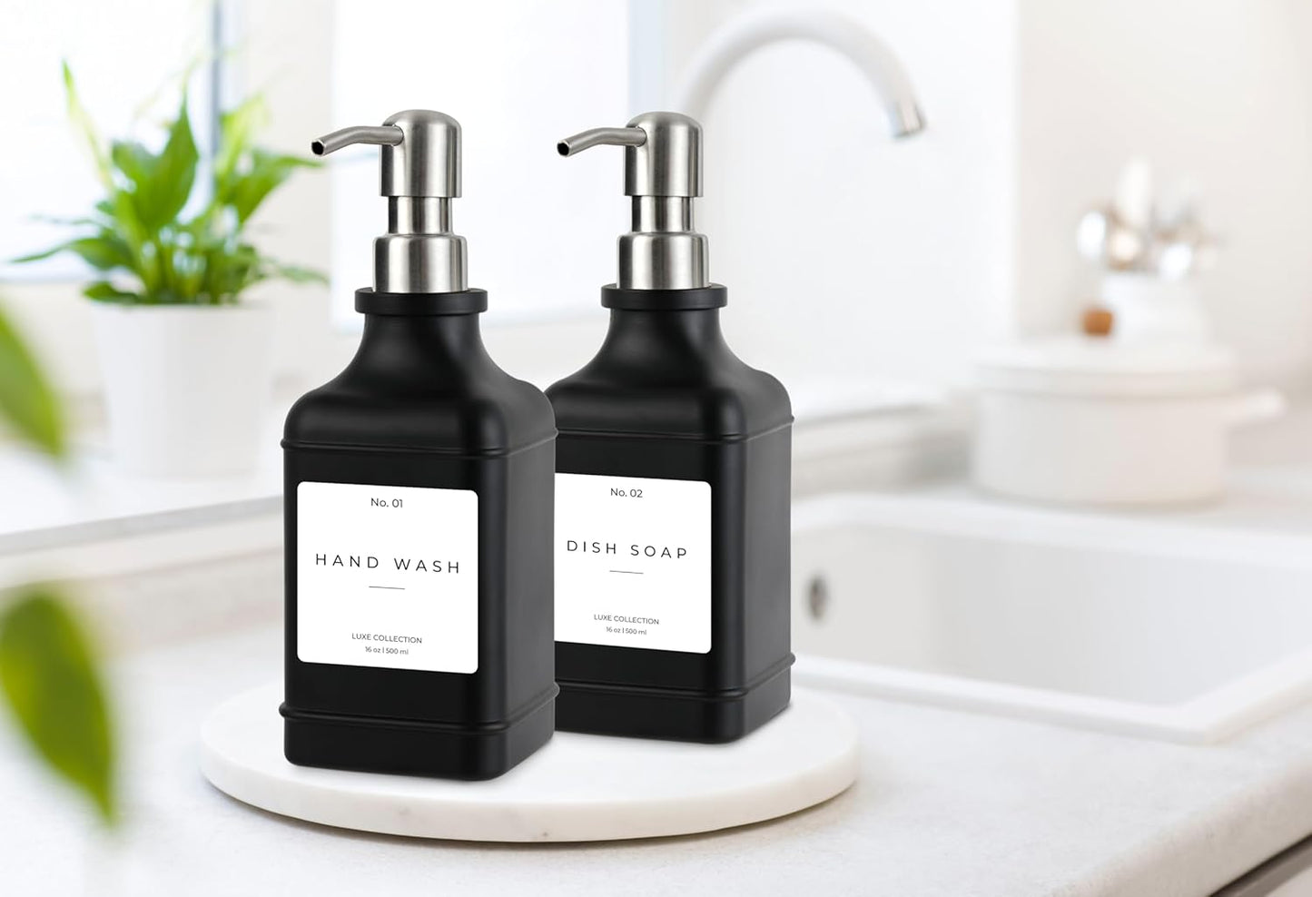 Emerson Essentials Soap Dispenser, Dish Soap Dispenser, Soap Bottle Bathroom Set, Hand Soap Farmhouse, Kitchen Soap Bottles - Glass Soap Dispenser with Pump and Labels, 16 Oz, 2 Pack