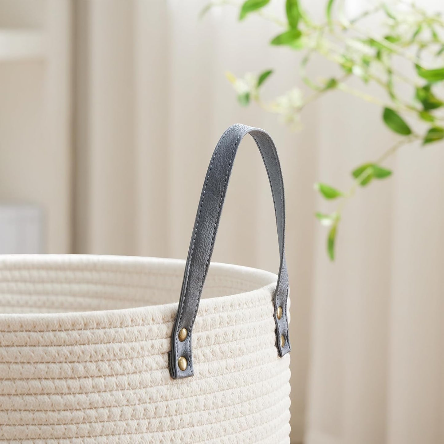 VIPOSCO Tall Laundry Basket, Large Dirty Clothes Hamper with Leather Handle, Woven Rope Storage Basket for Blanket, Toy In Living Room, Bathroom, Bedroom - 100L Grey & White