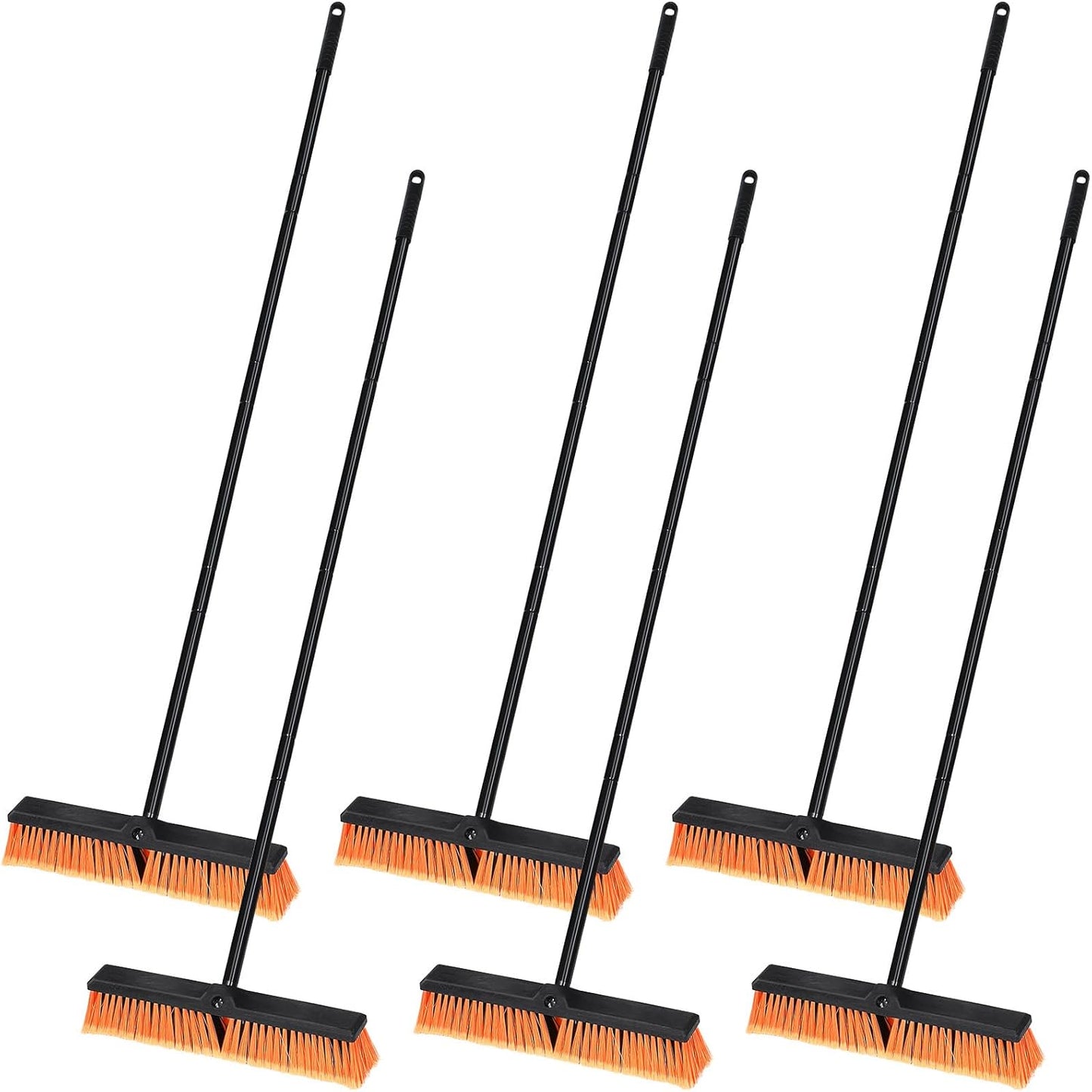 Zhehao 6 Pack 18 Inches Push Broom Outdoor, Multi Surface Garden Brush Broom with Adjustable 63" Long Handle for Deck, Driveway, Patio, Warehouse, Garage, Yard, Concrete Floor Cleaning (Orange)