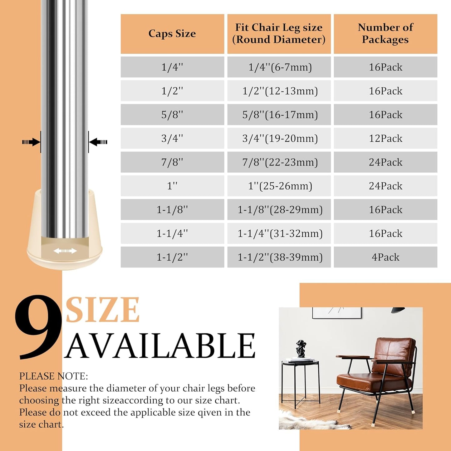 1-1/2" Round Rubber Chair Leg Tips Caps, Chair Leg Floor Protectors, Non-Slip Chair Leg Caps, Stool Leg Protectors Cap, Folding Metal Chair Leg Tip Replacement (White, 4 Pack)