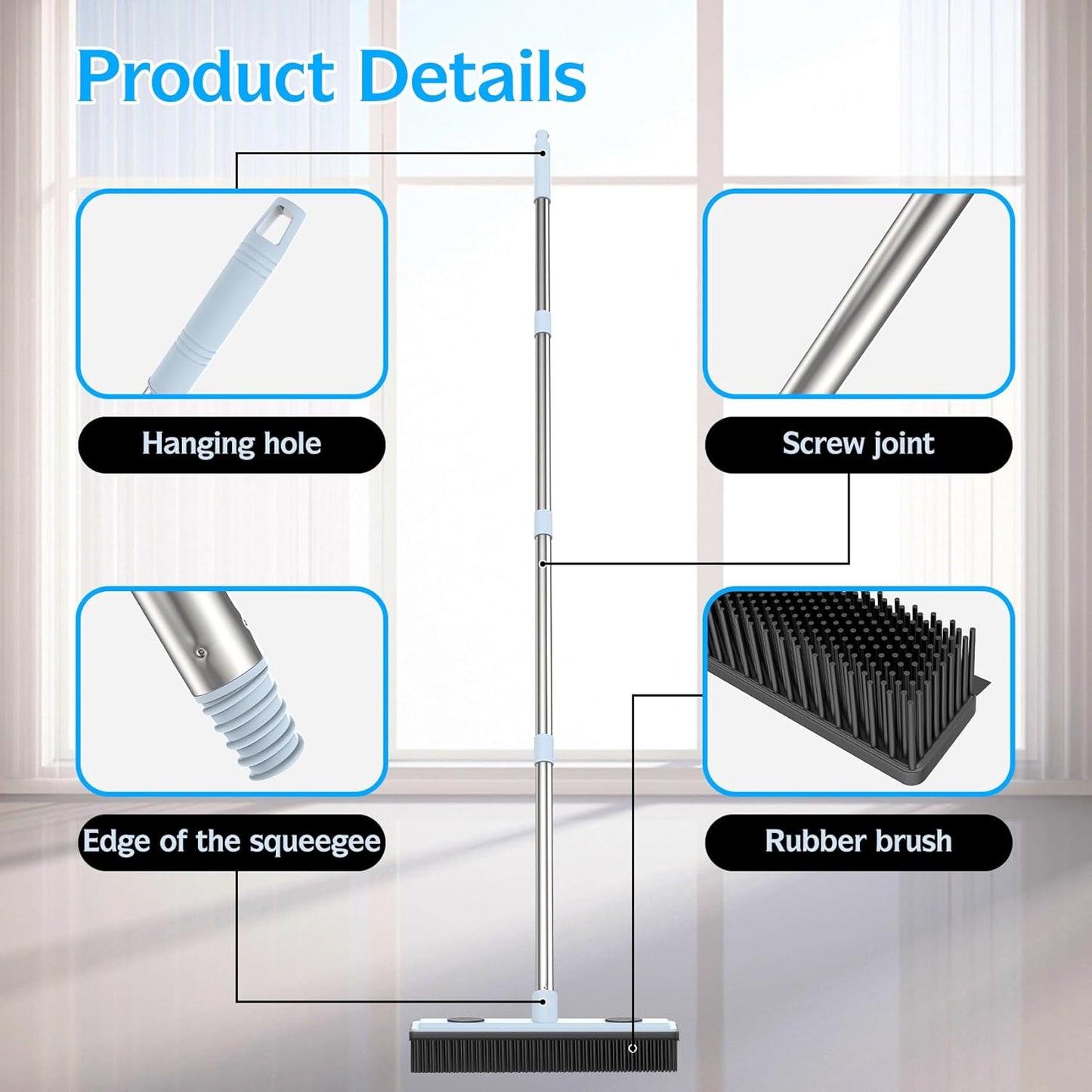 Rubber Broom Carpet Rake for Pet Hair Removal, Fur Remover Broom with 59" Adjustable Handle, Portable Detailing Lint Remover Brush, Soft Push Broom with Squeegee for Carpet, Hardwood Floor, Tile