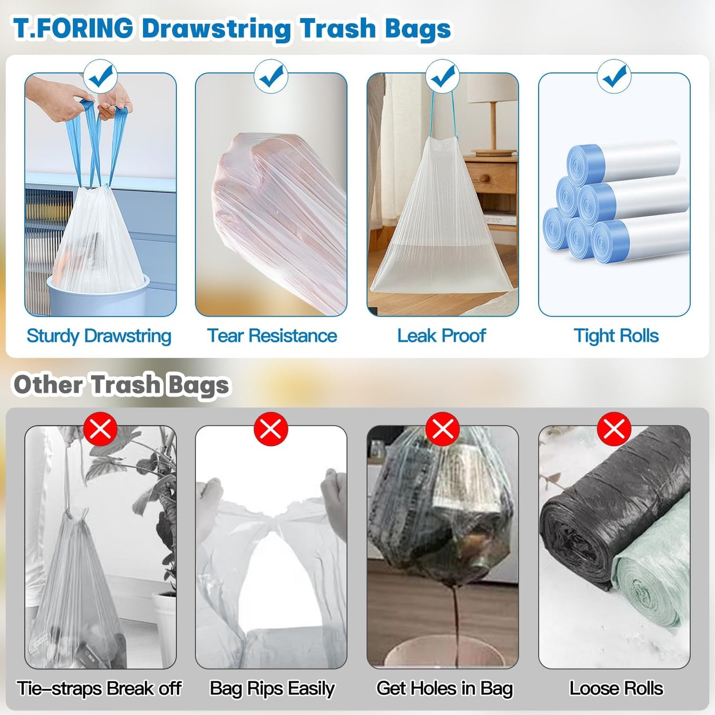 Small Trash Bags 4 Gallon with Drawstring, 1.1 Mil 15 Liter White Thick Unscented Small Plastic Garbage Bags for Bathroom, Wastebasket Liners for Toilet Home Office and Bedroom (4 Gal-120)