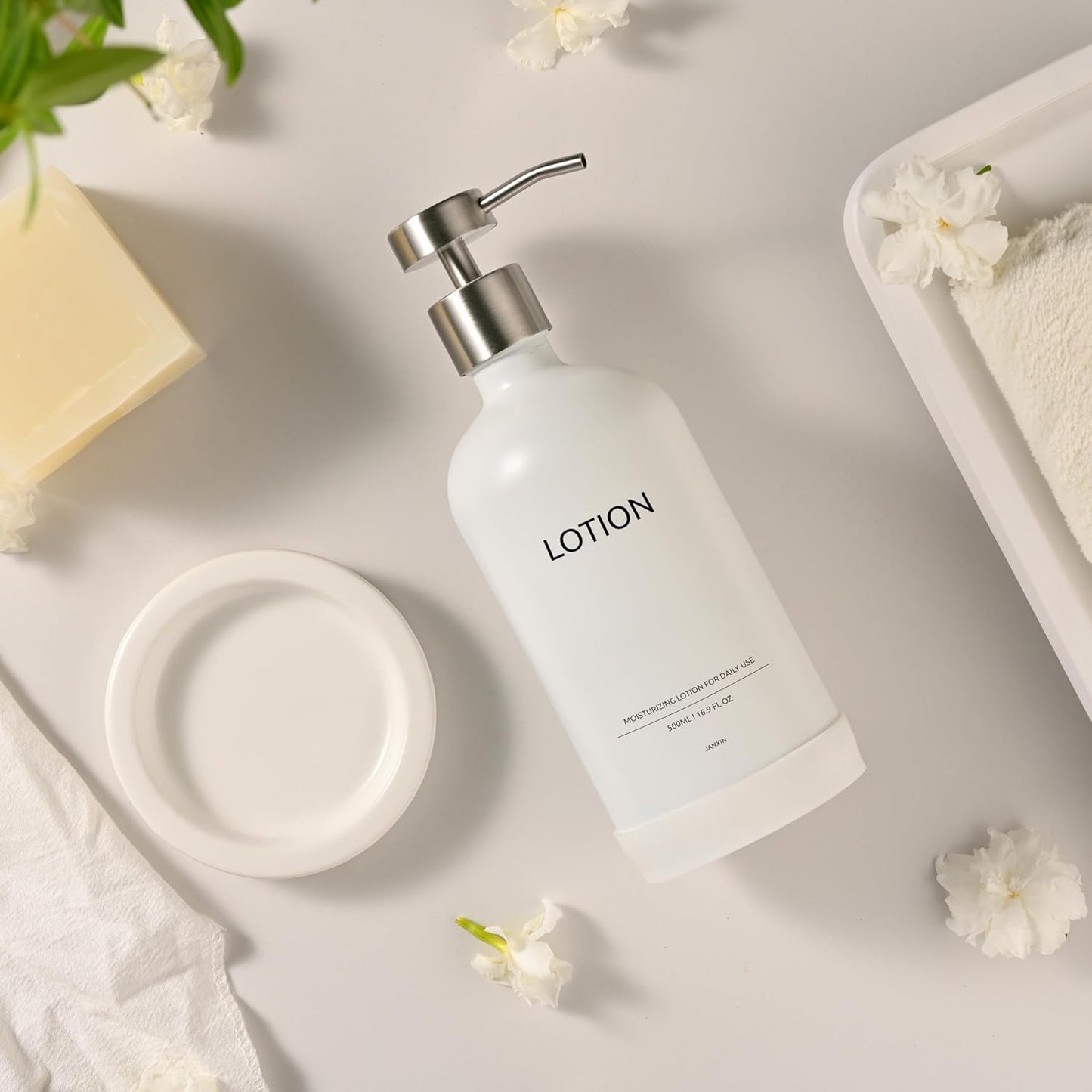 Glass Soap Dispenser Set by Janxin,Bathroom Soap Dispenser Set with Ceramic Tray,Luxury Bathroom Accessories,Modern Kitchen Decor (White+Silver(Lotion))