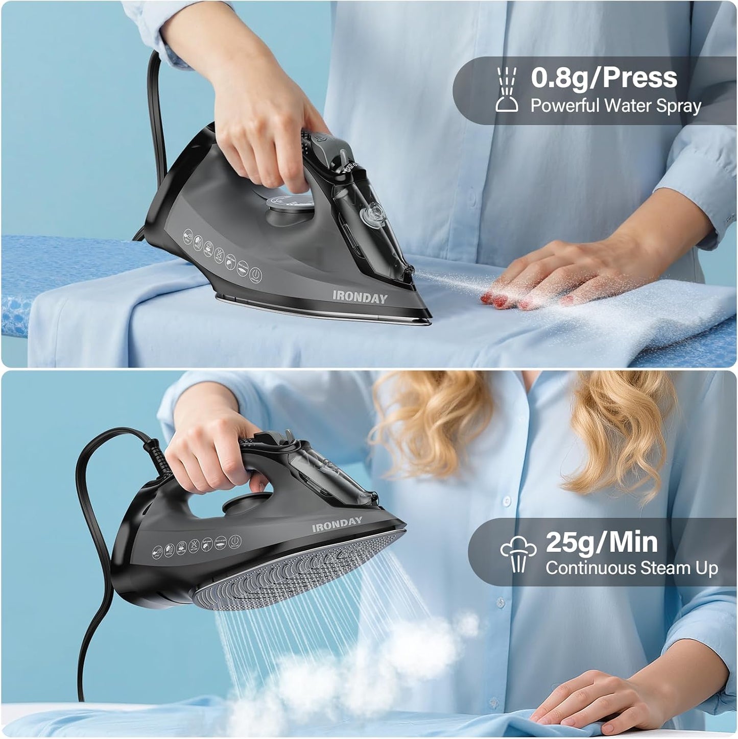 Steam Iron for Clothes, 1800W with 20.28oz Water Tank,Ceramic Soleplate,3-Way Auto-Off, 20s Fast Heat-up,Burst of Steam, Precision Tip,Self-Clean, Anti-Calc, Vertical Steamer for All Fabrics