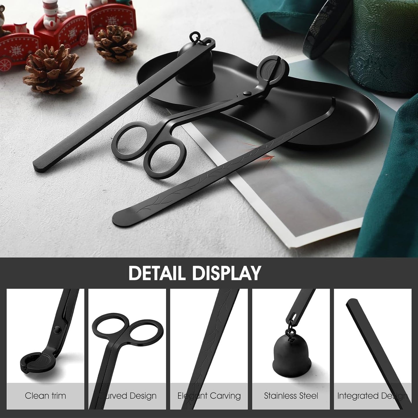 PATOISE 4 in 1 Candle Accessory Set Mini, Candle Wick Trimmer Cutter, Candle Snuffer, Candle Wick Dipper, Tray Holder in Gift Package for Candle Aromatherapy Lovers(4PCS Black)