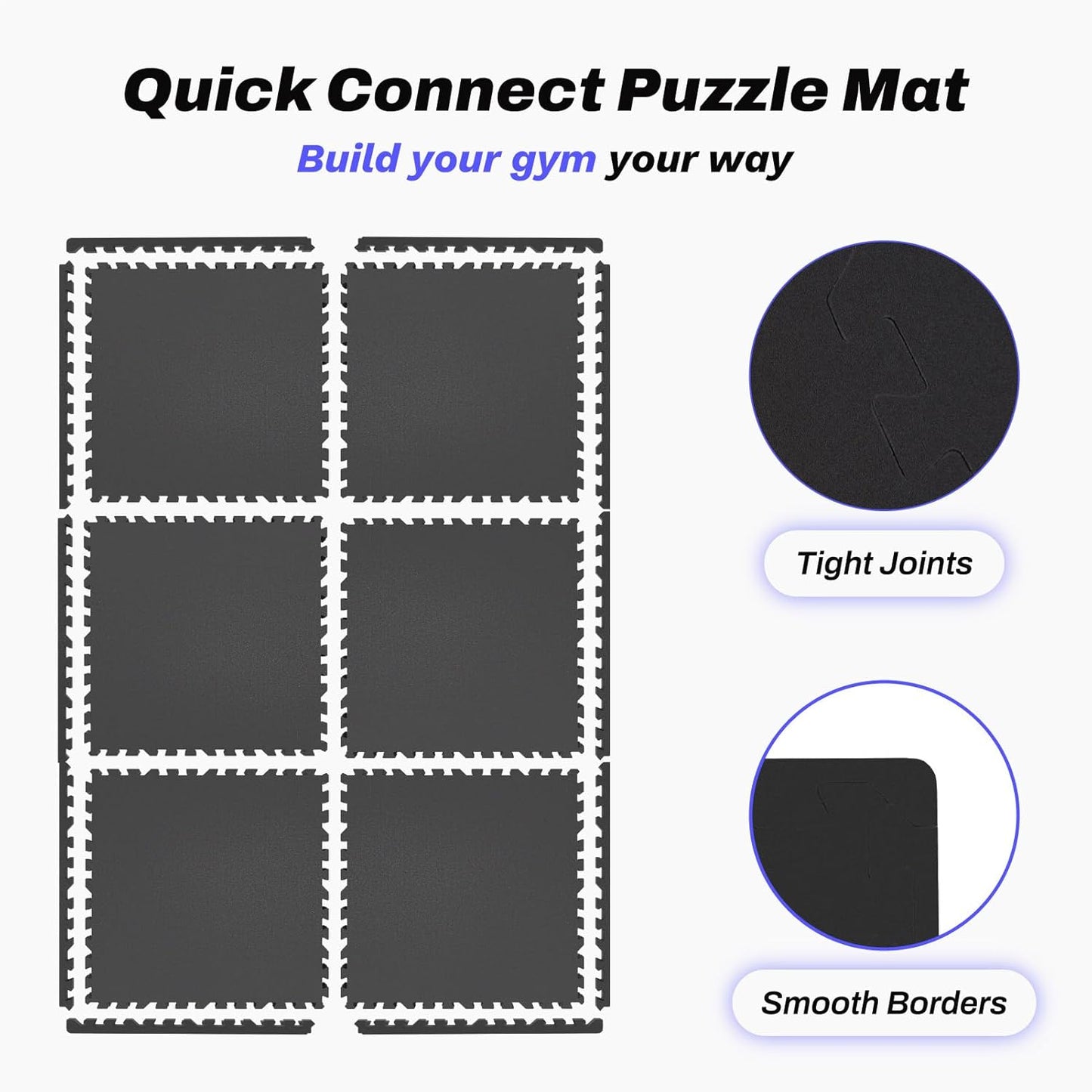 AIRHOP 0.56in Thick 24 Sq Ft Exercise Equipment Mats, 6 Tiles Upgraded Rubber Top with High Density EVA Foam, Large Interlocking Puzzle Gym Flooring for Home Gym, Heavy Weight Workout,Black