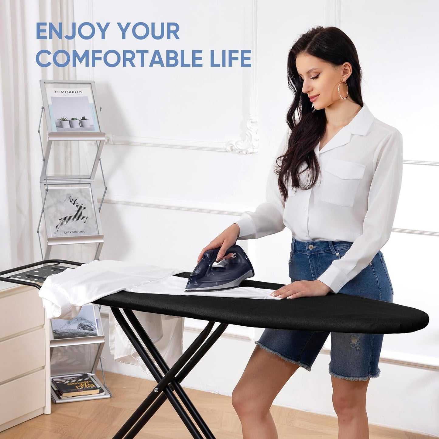 Full Size Ironing Board 47" X 15" with Heat Resistant Cover and Thicken Felt Pad, Safety Iron Rest, Anti-Skid Feet, Height Adjustable, Heavy Duty,Black