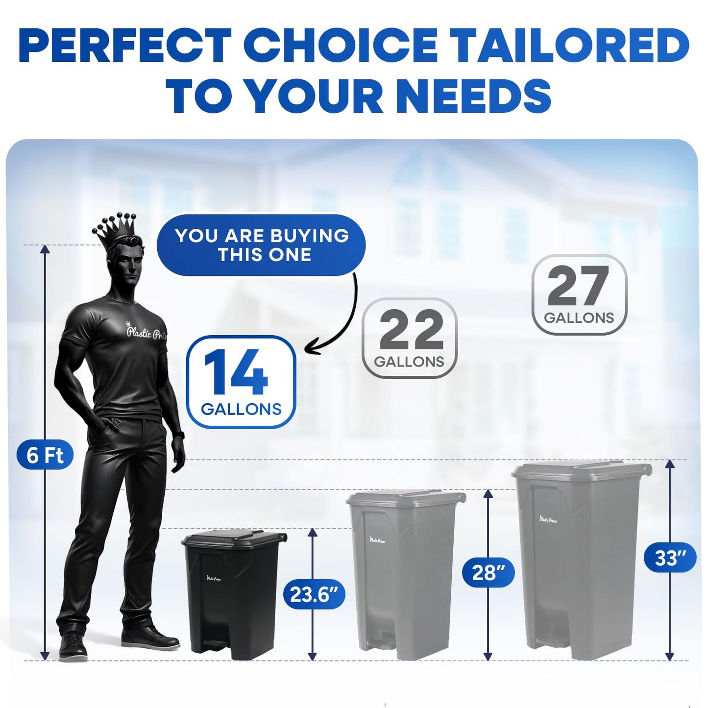 14 Gallon Step-On Trash Can/Container, Black Plastic Dustbin with Lid and Foot Pedal, Hands-Free Disposal