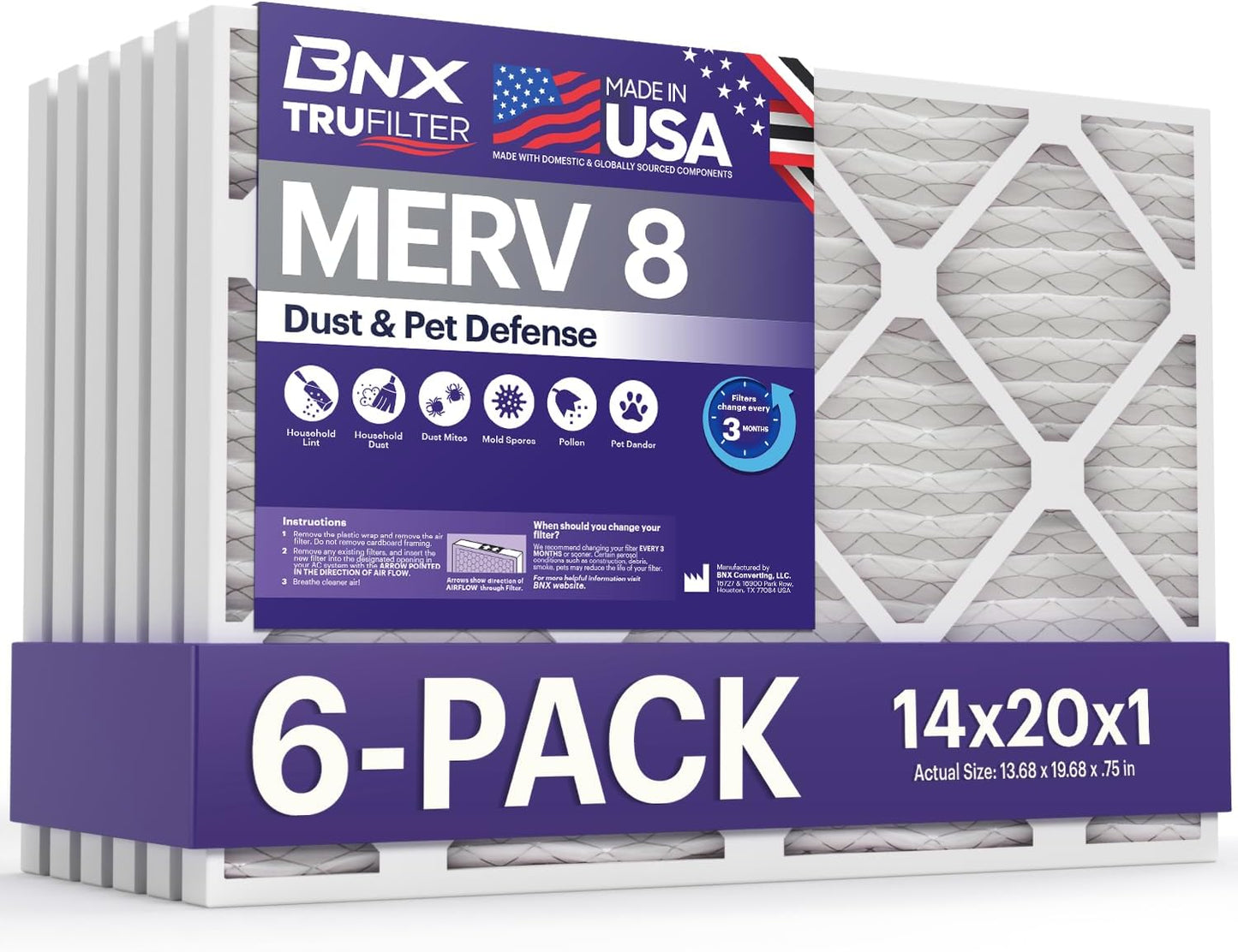 BNX TruFilter 14x20x1 Air Filter MERV 8 (6-Pack) - MADE IN USA – Dust & Pet Defense Electrostatic Pleated Air Conditioner HVAC AC Furnace Filters for Dust, Pet, Mold, Pollen MPR 600 – 700 & FPR 5