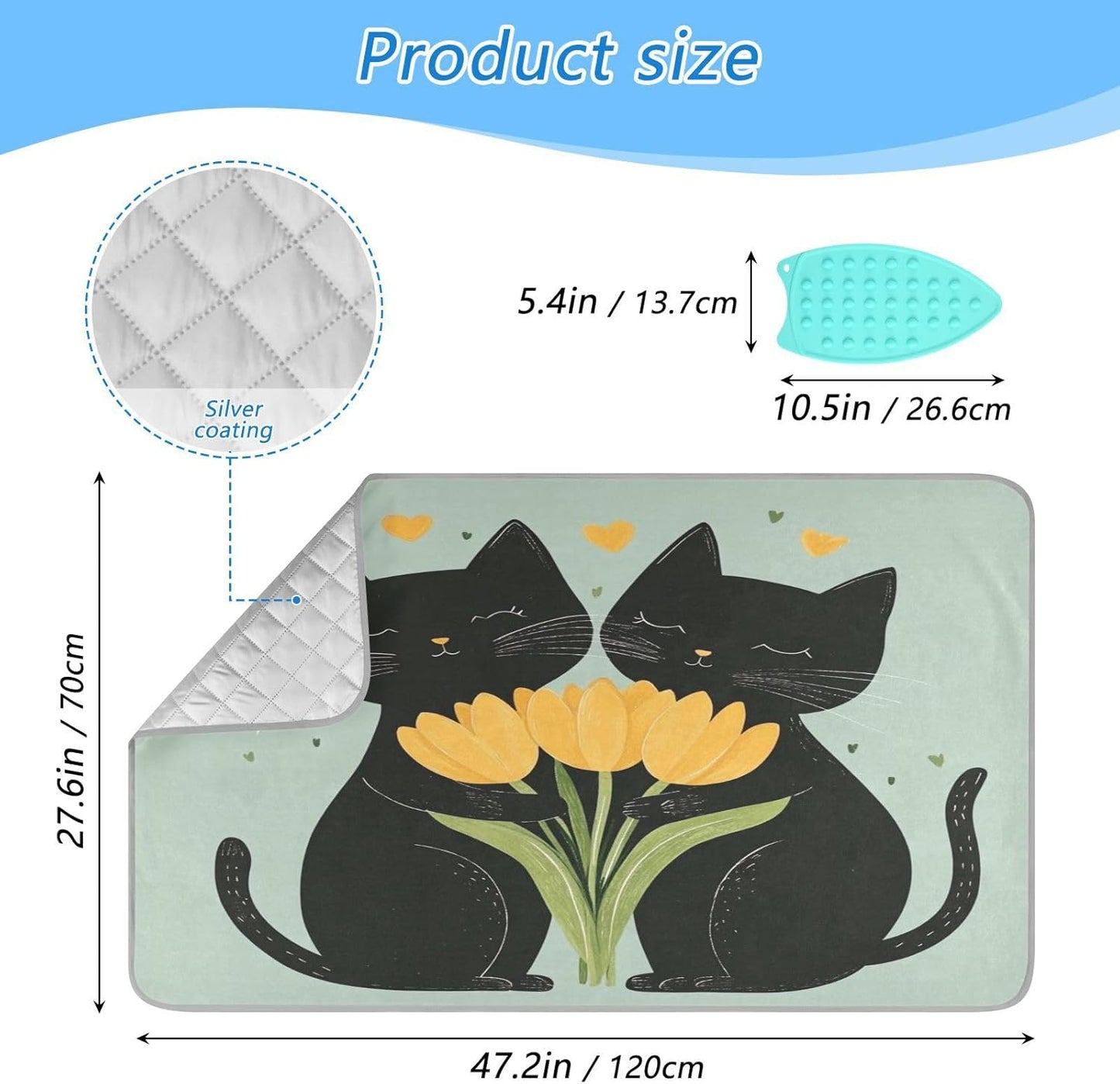 Black Cats Tulips Green Ironing Mat Thickened Ironing Blanket Travel Portable Double-Side Using Ironing Pad Travel Isolate Heat Pad Cover for Washer Dryer Table Top Countertop 27.6x47.2in