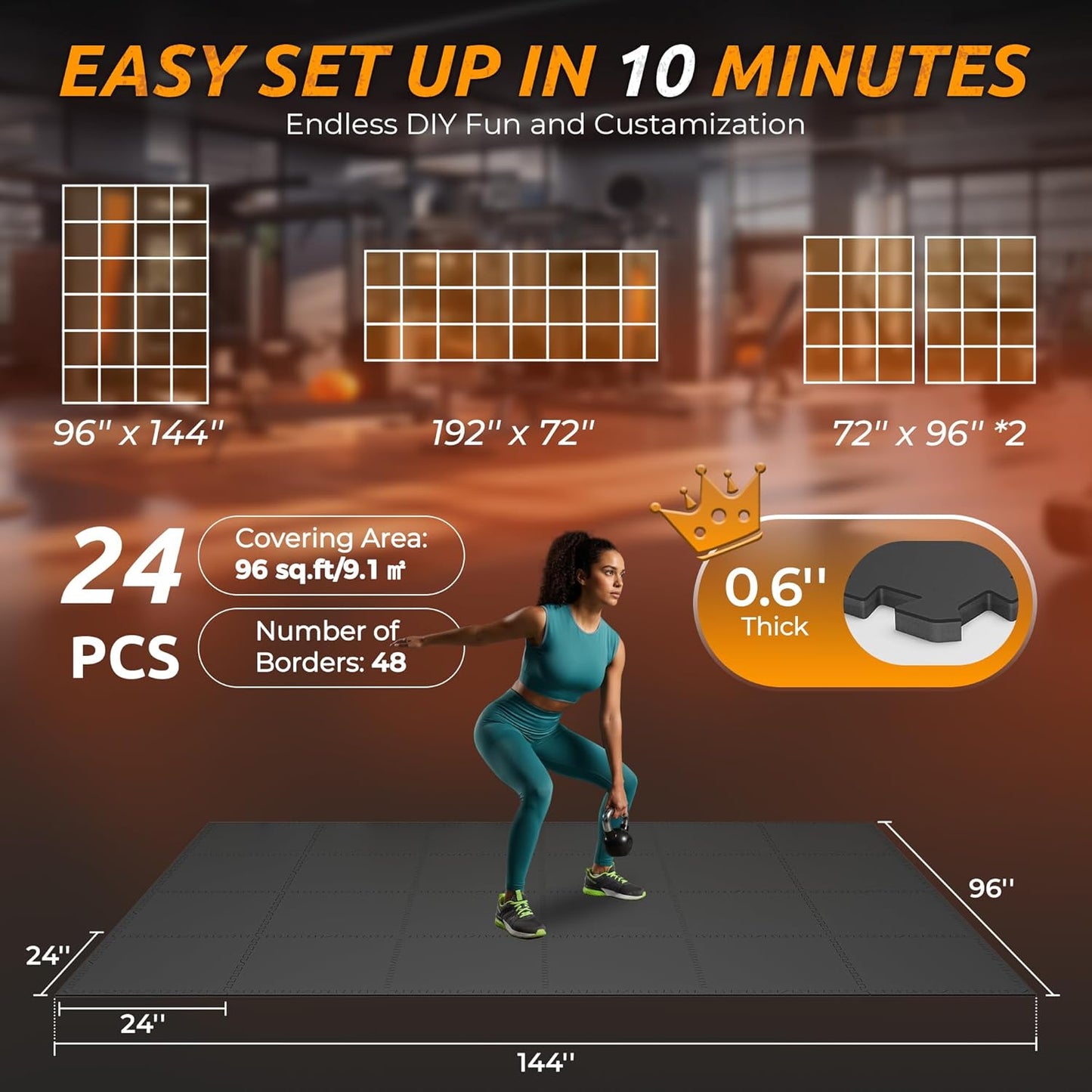 PRAISUN 0.6" Thicker Gym Mat, 24 Tiles 96 Sq Ft Workout Mats, Interlocking Foam Tiles with Rubber Top, High Density EVA Foam, Exercise Mat, Gym Flooring for Home Gym, Garage, 24 x 24in, Black