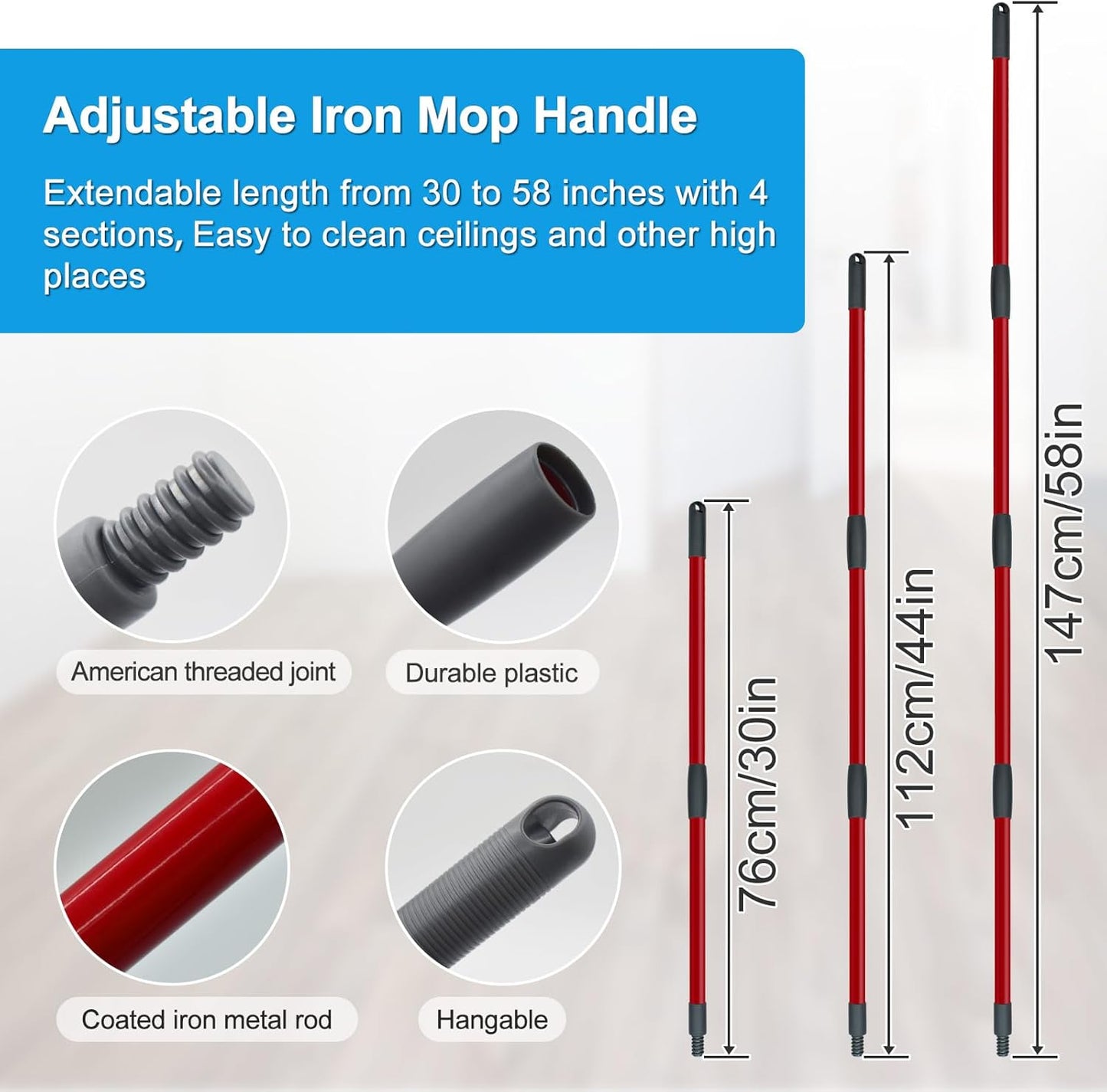 Microfiber Mops for Floor Cleaning, Dust Mop for Hardwood Floors with 2 Heavy Scrub Mop Pads, 2 Microfiber Pads and 4 Section Adjustable 58” Long Handle, Double-Sided Flip Flat Mops for Hardwood