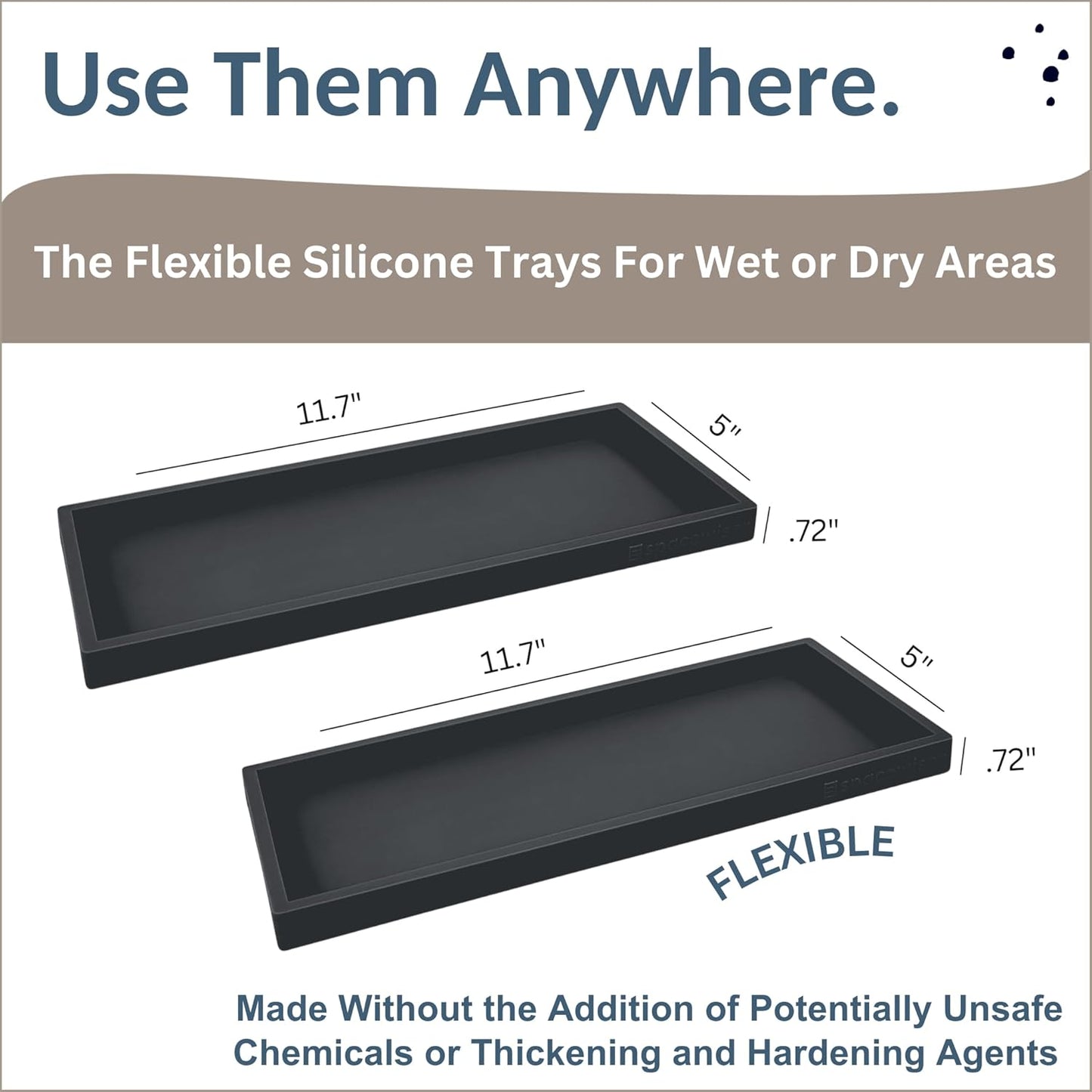 Countertop and Vanity Tray - 2 PC Large 11.7" Silicone Bathroom Trays, Counter Organizer, Dish Soap Sponge Holder Kitchen Sink Tray Organizer, Sink Caddy Toothbrush Key Kitchen Soap Trays