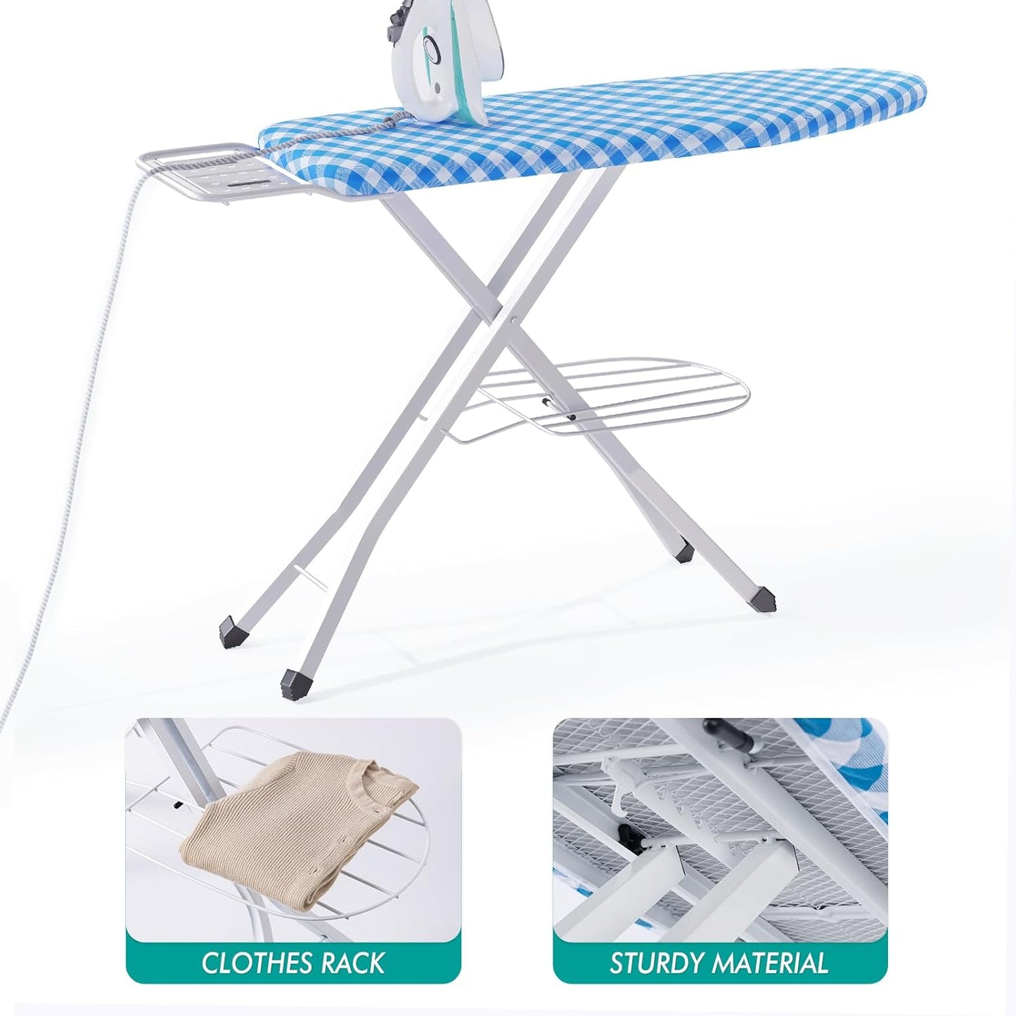 Ironing Board, Heat Resistant Cover Iron Board with Steam Rest, Non-Slip Foldable Ironing Stand. Heavy Sturdy Metal Frame Legs Iron Stand(13 * 34 * 53 Inches) (Blue White)