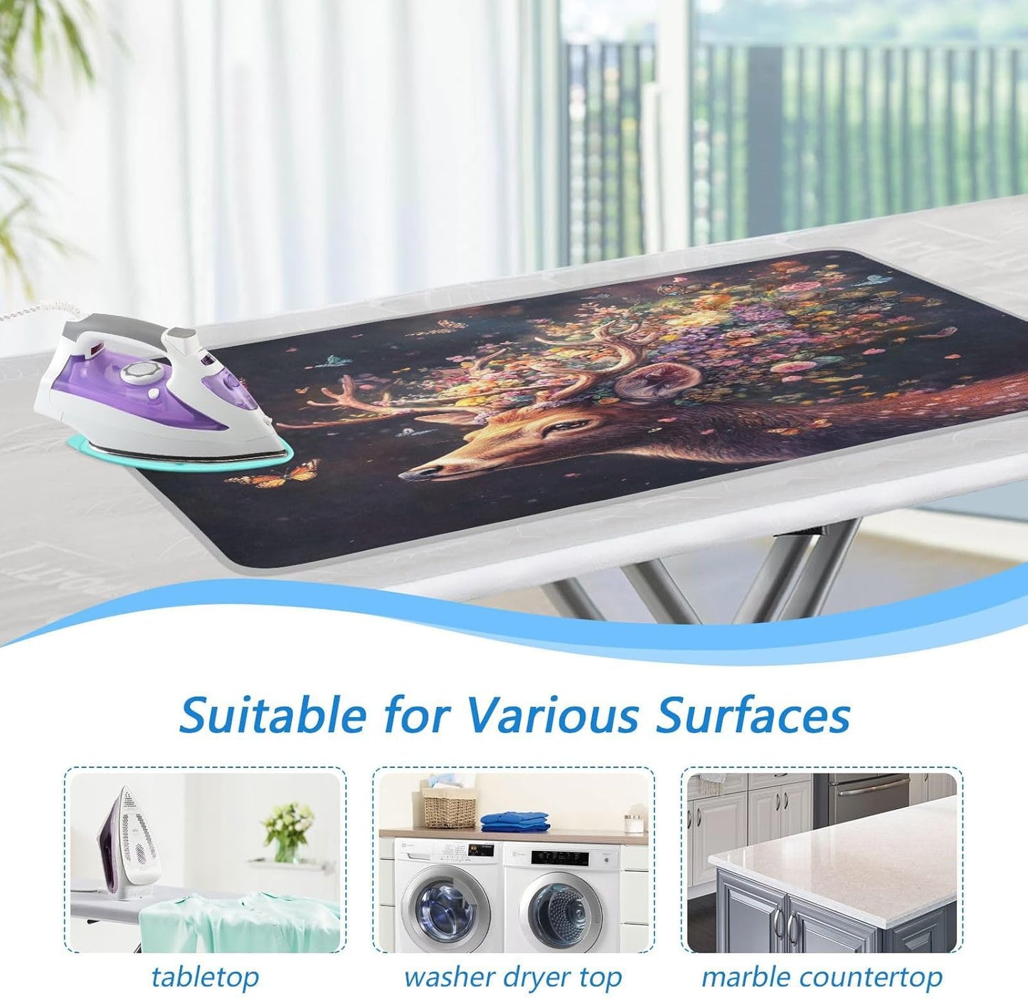 Deer with Butterfly Floral Ironing Mat Thickened Ironing Blanket Travel Portable Double-Side Using Ironing Pad Travel Isolate Heat Pad Cover for Washer Dryer Table Top Countertop 27.6x47.2in