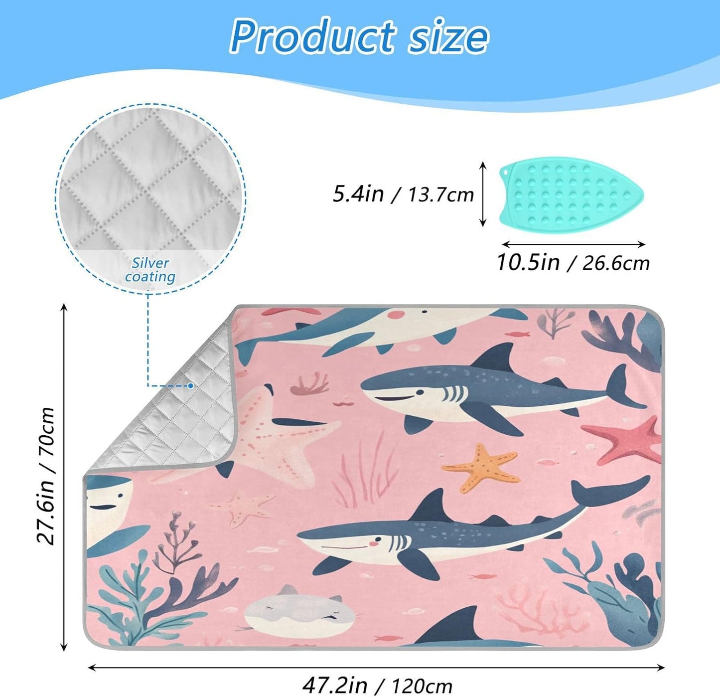 Pink Sharks Starfish and Seaweeds Ironing Mat Thickened Ironing Blanket Travel Portable Double-Side Using Ironing Pad Travel Isolate Heat Pad Cover for Washer Dryer Table Top Countertop 27.6x47