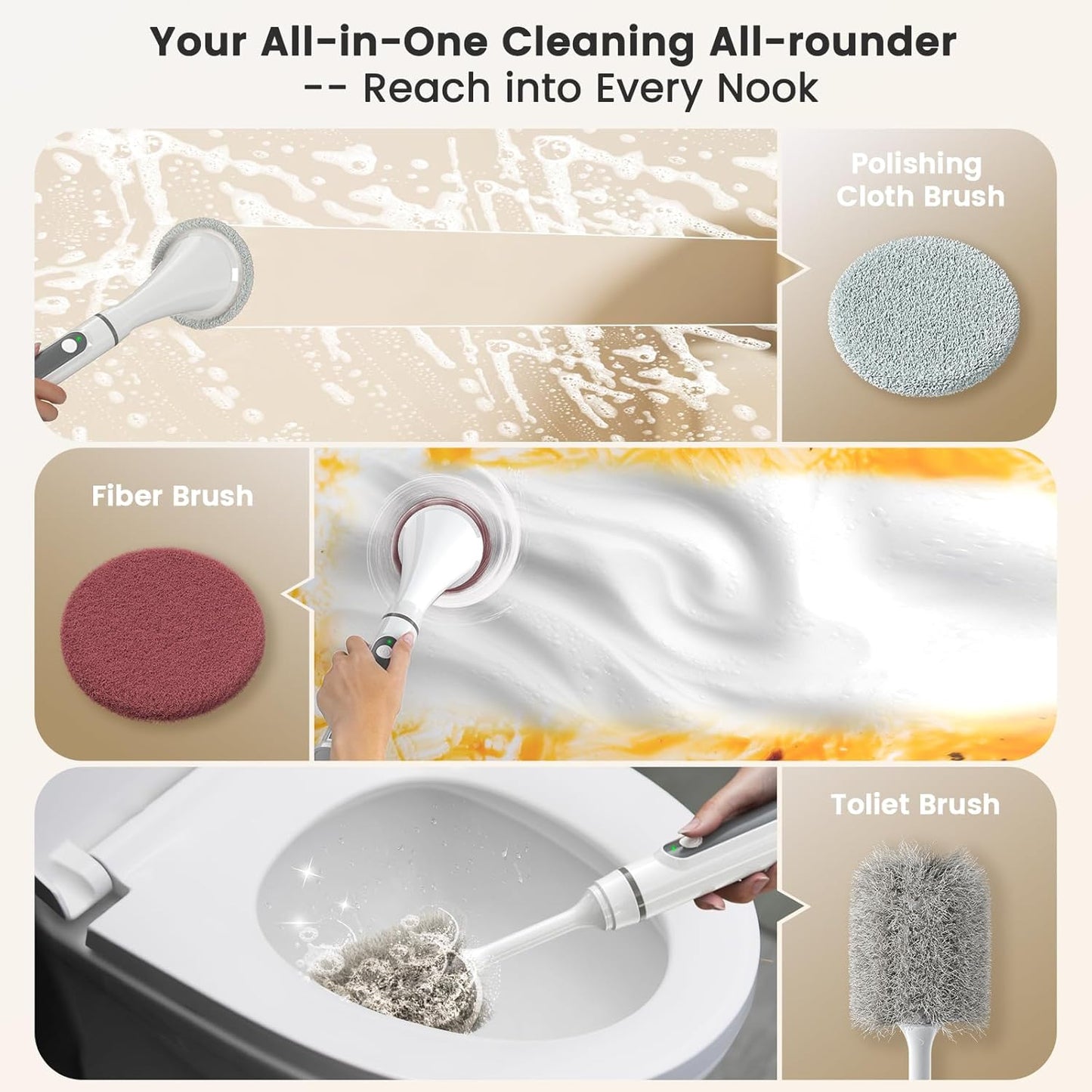 Electric Spin Scrubber Brush - Rechargeable Cordless Cleaning Brush with Full-Body IPX7 Waterproof, 6 Interchangeable Heads & 2-Speed Modes for Bathroom, Kitchen, Tile