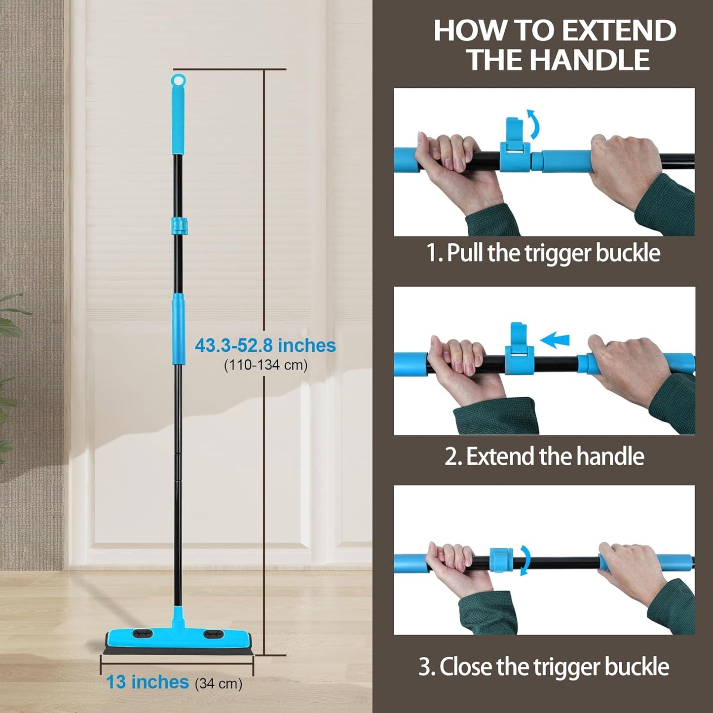 JEHONN Rubber Broom Carpet Rake Brush for Pet Hair with Squeegee, 52.8 inches Long Handle Silicone Fur Scraper Removal Tool with Detailing Lint Comb for Rug, Tile, Hardwood Floor Cleaning (Blue)
