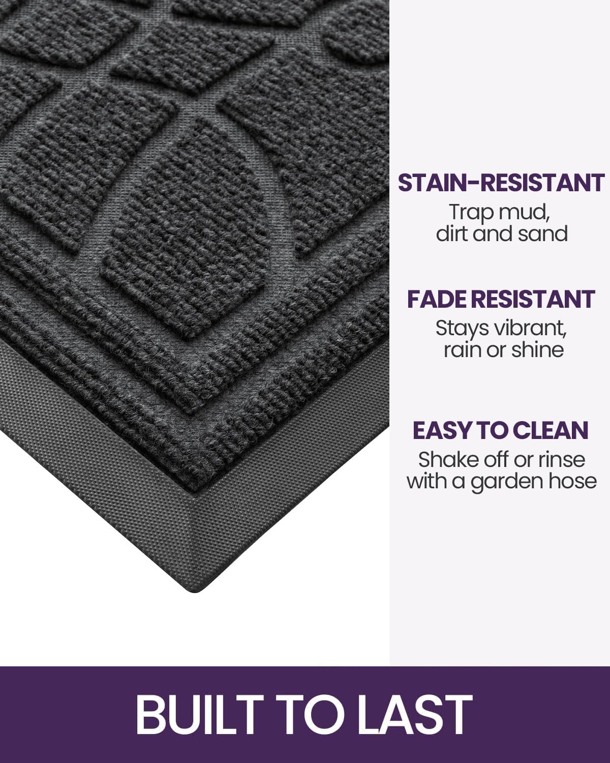 DEXI Front Door Mat Outside Entrance, Heavy Duty Non Slip Low Profile Doormat for Entryway, Trap Dirt and Moisture Welcome Mats, Easy Clean, Patio, Garage, 3x2, Grey