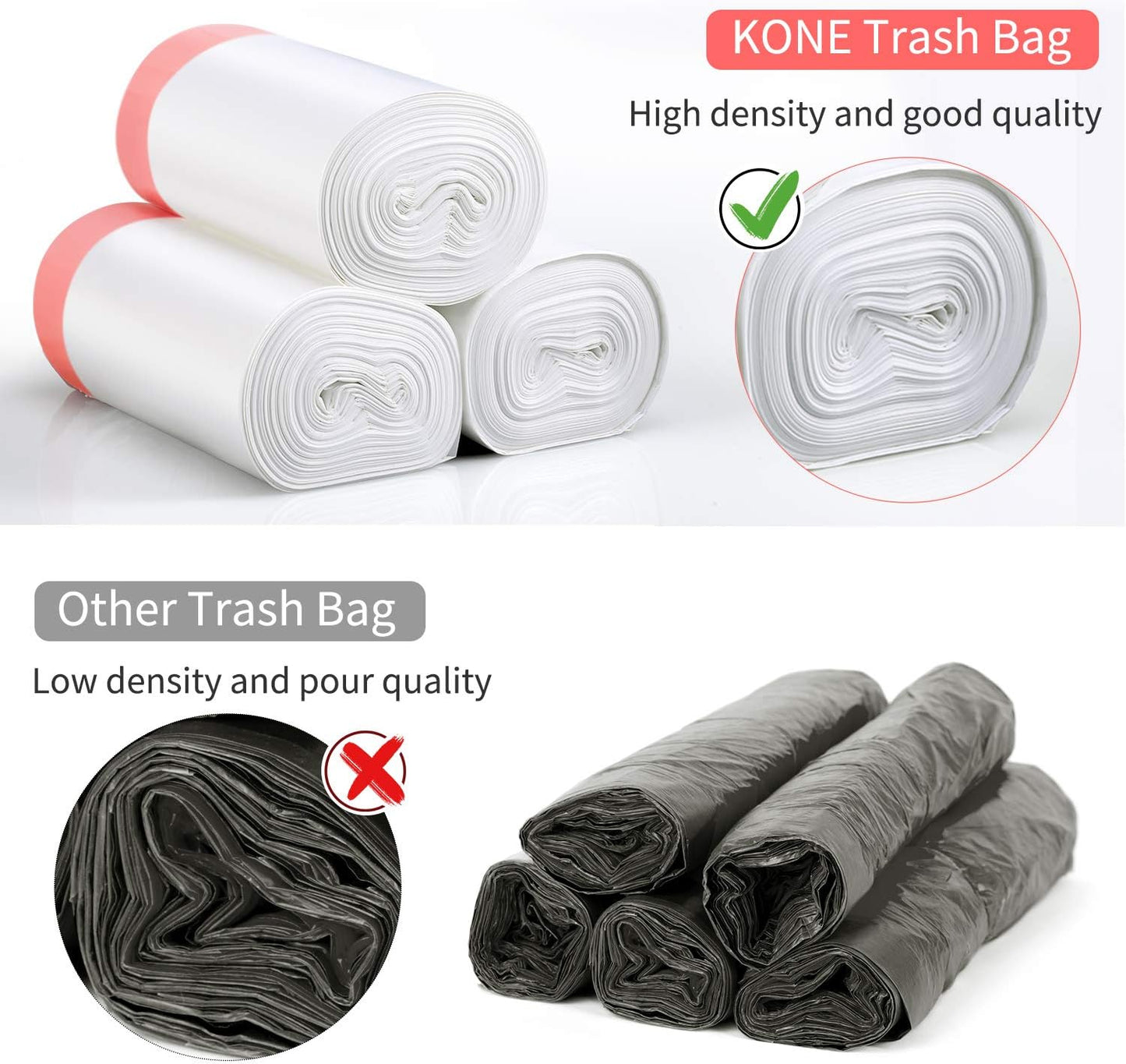Small Trash Bags, KONE 192 Count 4 Gallon Drawstring Extra Thick Garbage Bags Wastebasket Bin Liners Plastic Trash Bags for Bathroom, Bedroom, Office, Car, Kitchen, Home