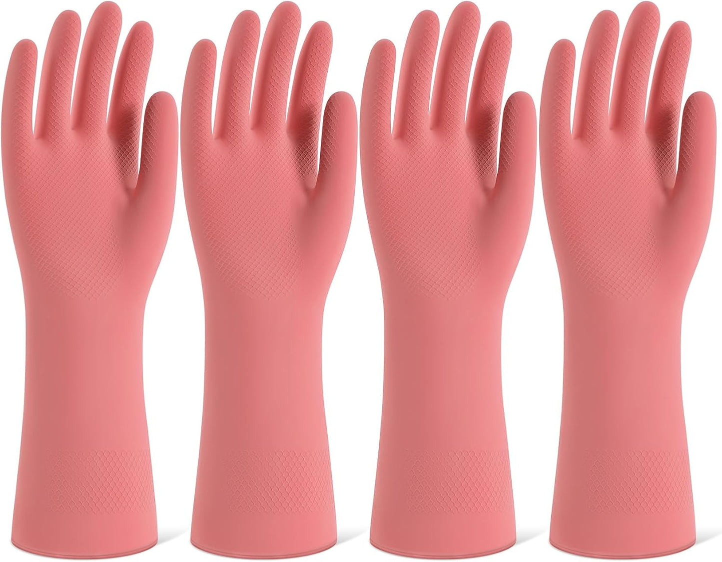 Rubber Cleaning Gloves for Dishwashing, 4 Pairs Reusable Kitchen Gloves for Washing Dishes and Household Cleaning, Pink Dish Gloves with Flocked Lining and Non-Slip Grip, Pefect for Woman Men - M