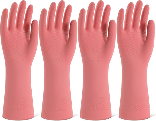 Rubber Cleaning Gloves for Dishwashing, 4 Pairs Reusable Kitchen Gloves for Washing Dishes and Household Cleaning, Pink Dish Gloves with Flocked Lining and Non-Slip Grip, Pefect for Woman Men - S