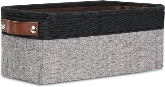 DULLEMELO Fabric Bathroom Storage Bin with Leather Handles, Narrow Organizer for Towels, Toilet Paper Rolls, Storage Basket for Back of Toilet, Vanities, Shelves & Cabinets (Black&Gray)