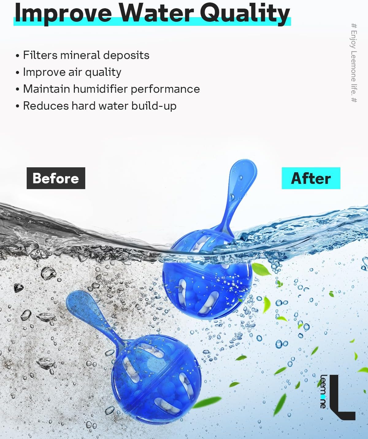 Leemone Humidifier Cleaner 6 Pack, Demineralization Cleaning Ball, Works in All humidifiers and Fish Tanks, Purifies Water, Prevents Hard Water Build-Up, Reduces Scale