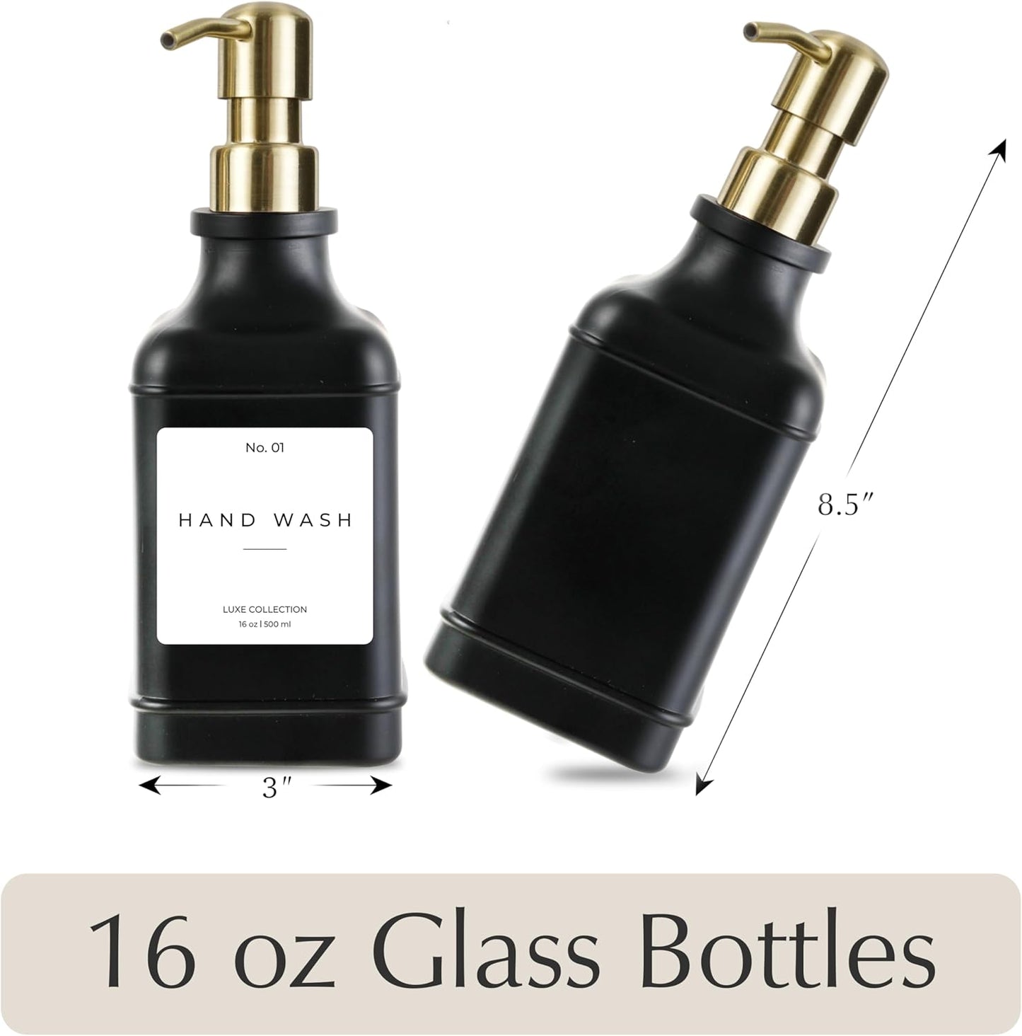 Emerson Essentials Soap Dispenser, Dish Soap Dispenser, Soap Bottle Dispenser Bathroom Set, Hand Soap Dispenser, Kitchen Soap Dispenser Set, Glass Soap Dispenser Pump + Labels | 16 Oz, 2-Pack