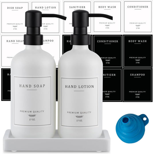 Thick Glass Soap Dispenser - Kitchen Dish Hand Soap Dispenser Set,Rustproof Pump Soap Lotion Dispenser Bathroom with Tray,14 Stickers for Kitchen Decor White Bottle/Black Pump