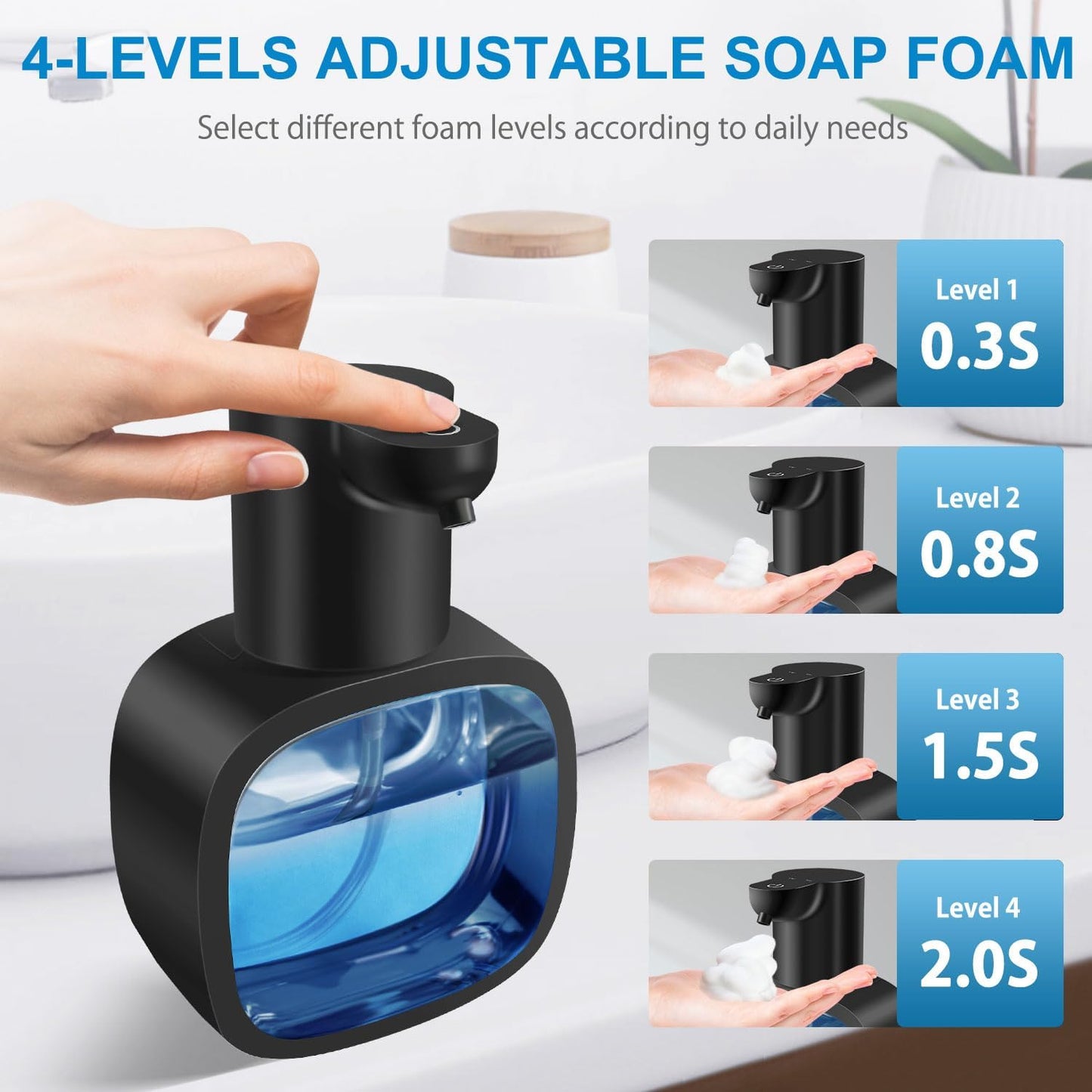 Automatic Foaming Soap Dispenser with 500ml/17oz Capacity, Touchless Soap Dispenser with 4 Level Adjustable, Rechargeable, Wall-Mounted, Waterproof for Kitchen, Bathroom, Hotel, Restaurant