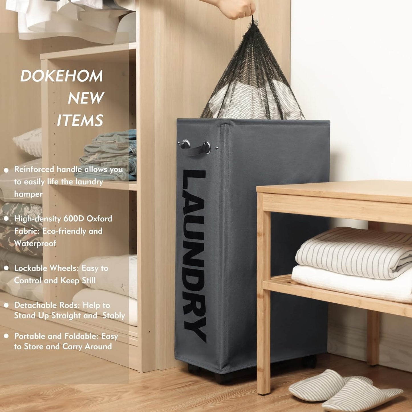 DOKEHOM 29-Inches Enlarged Slim Laundry Basket with Removable Wash Bag on Wheels, Collapsible Rolling Laundry Hamper, Foldable Narrow Corner Clothes Storage Bins (Dark Grey)