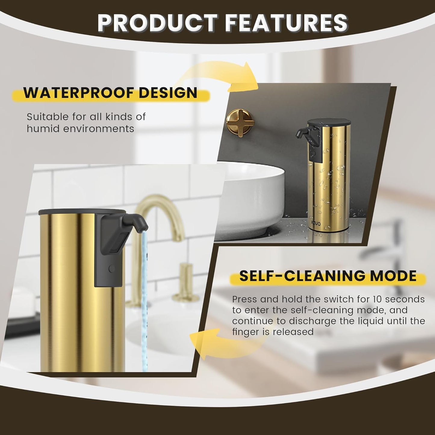 Automatic Soap Dispenser Touchless 11.8oz/350ml Four-Level Adjustable Dispenser Volume，Stainless Steel Material,Battery Powered for Wide Compatibility in Kitchen, Bathroom, Hotel & Office (Gold)